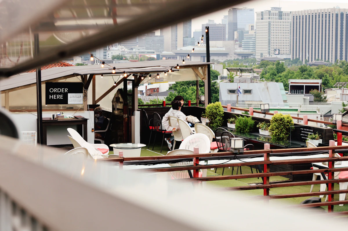 Rooftop cafe with a skyline view