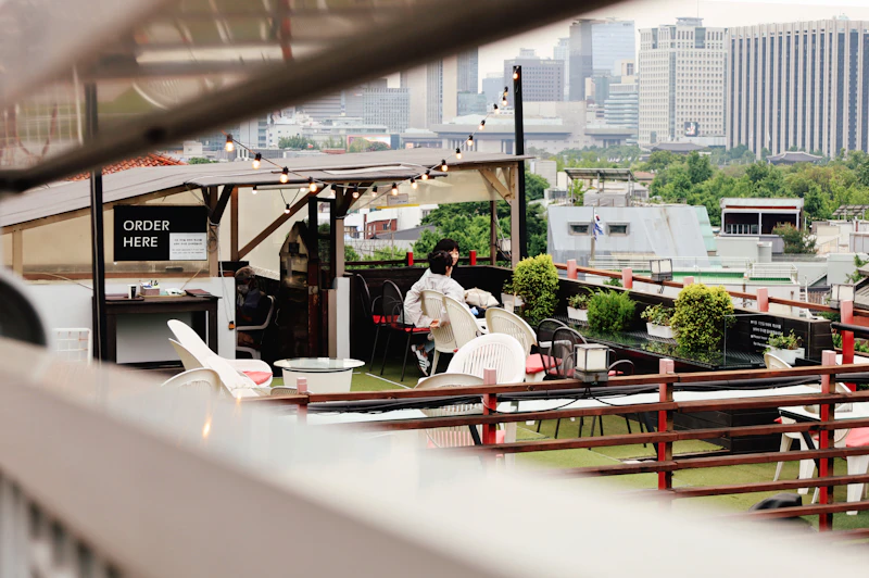 Rooftop cafe with a skyline view