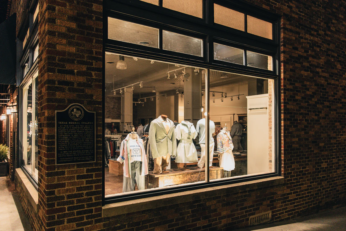 A shop window lit at night