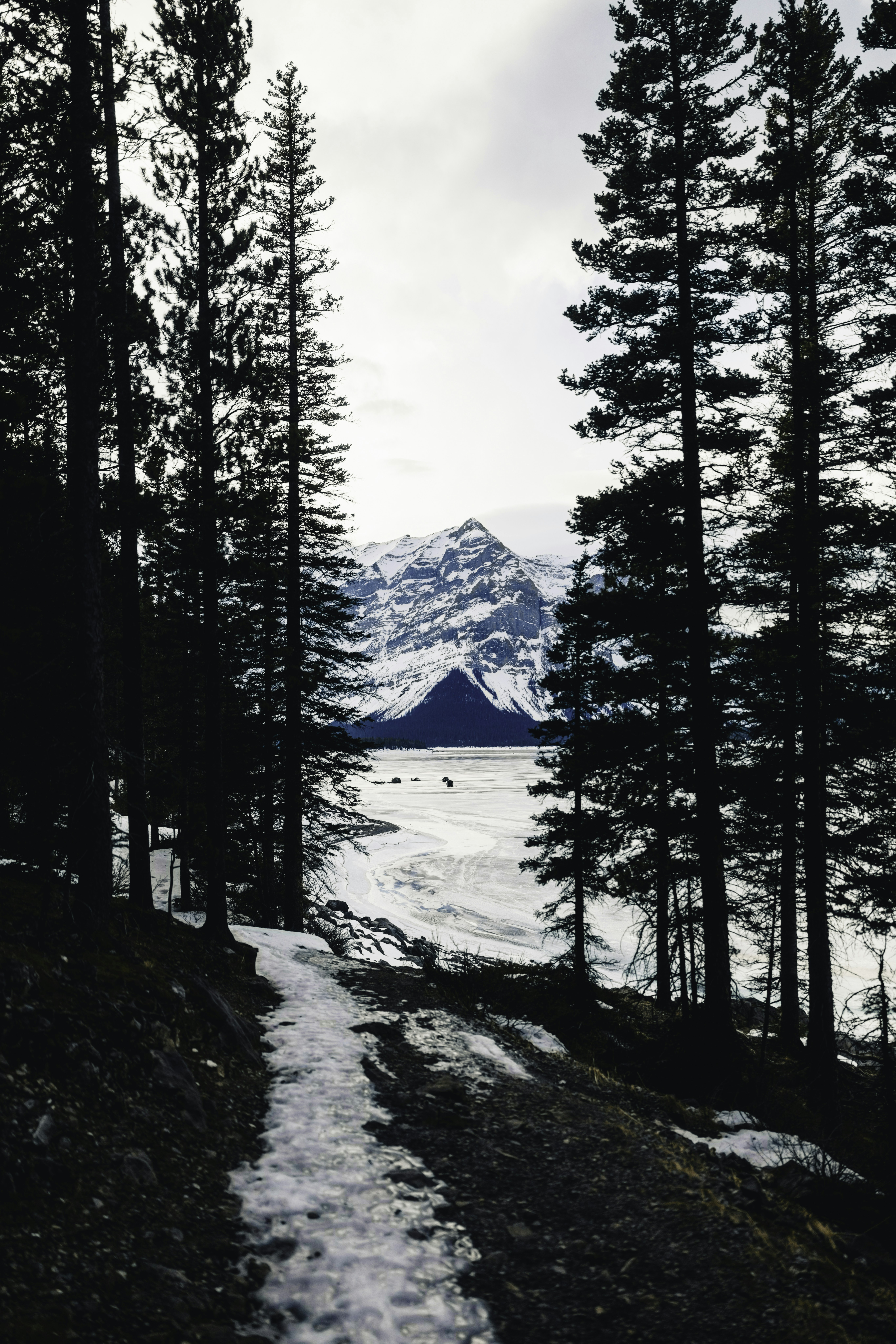 Snowy path leads to frozen lake and mountains