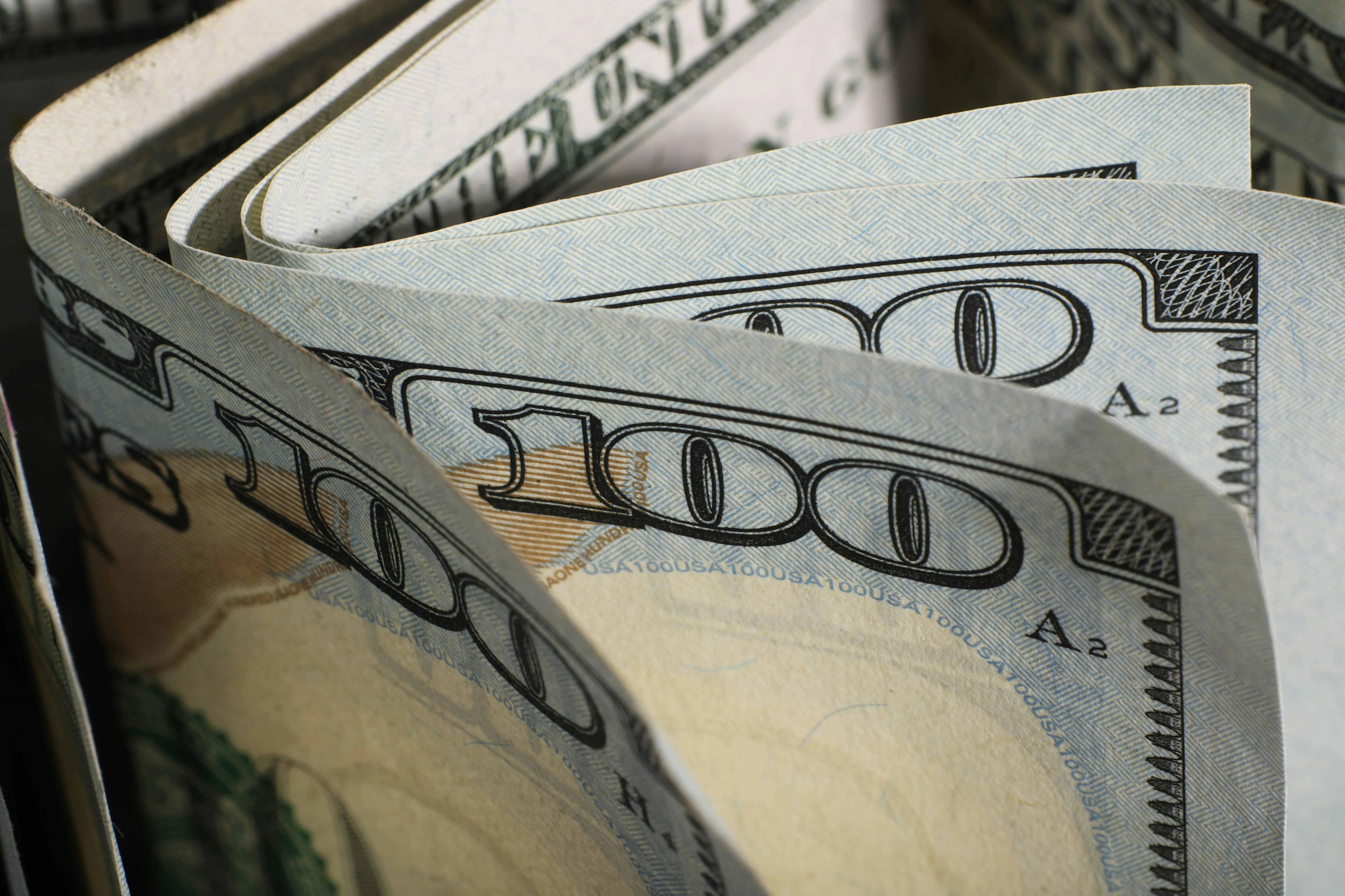 Close-up of us one hundred dollar bills.