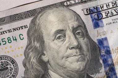 Close-up of a united states one hundred dollar bill.