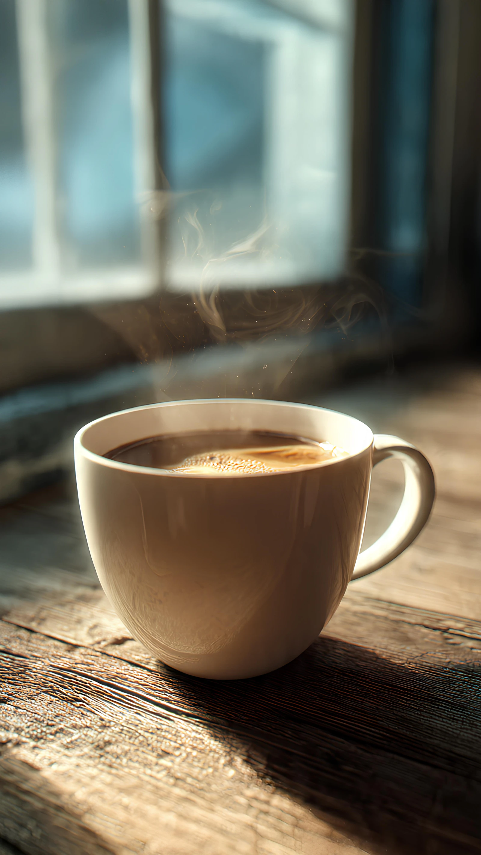 Dampfende Kaffeetasse im warmen Morgenlicht als Symbol für ein neues rauchfreies Morgenritual