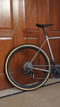 Silver bicycle leaning against a wooden door.