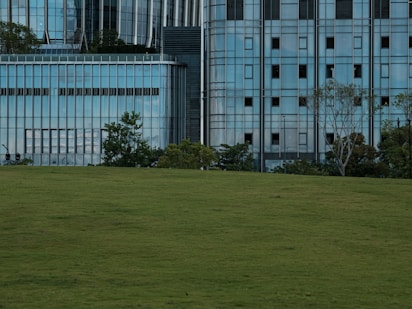 Modern glass buildings behind a grassy field