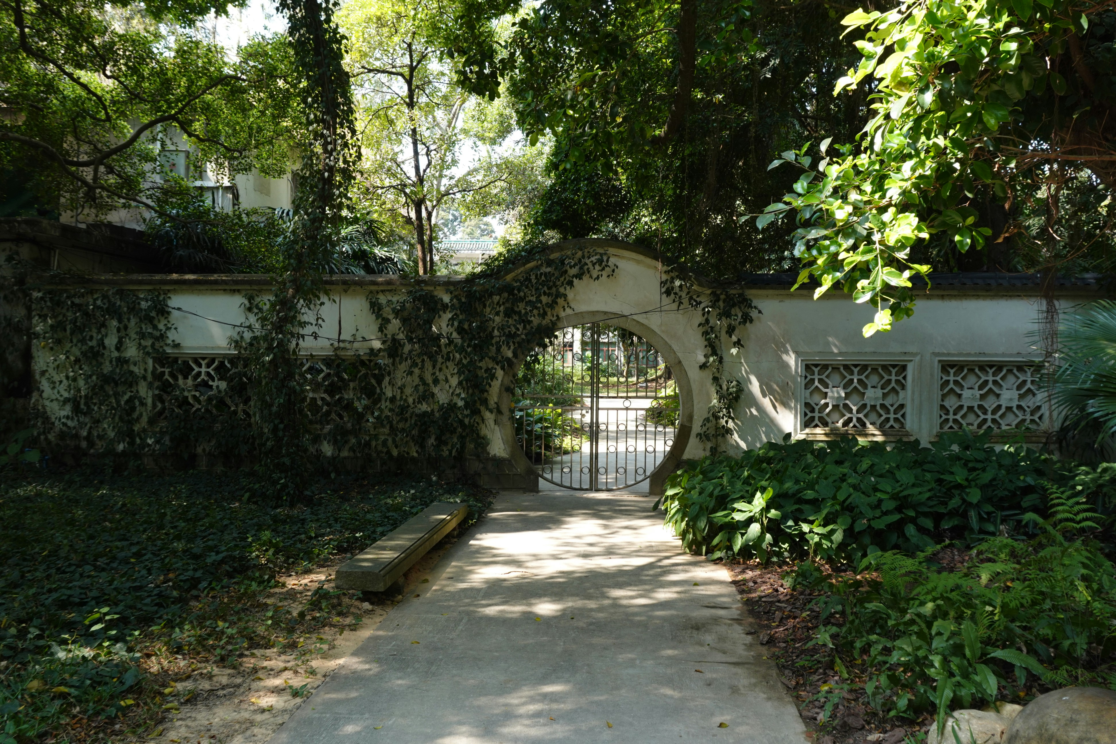 Arched gateway covered in ivy leads to a garden.