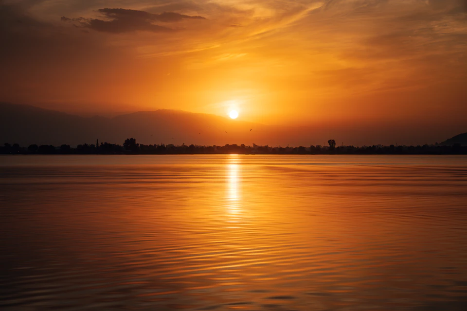 Serene sunset over calm water reflects vibrant sunset colors behind a distant tree-lined shoreline