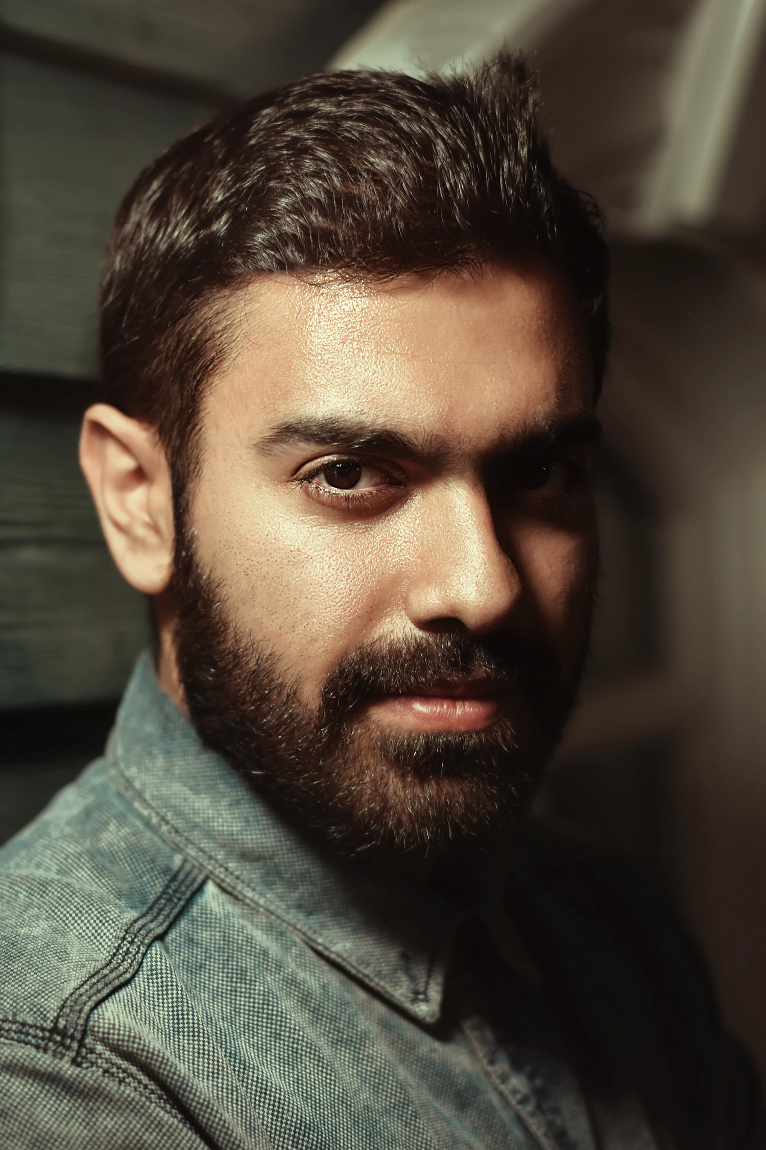 A bearded man in a denim shirt looking steadily at the camera
