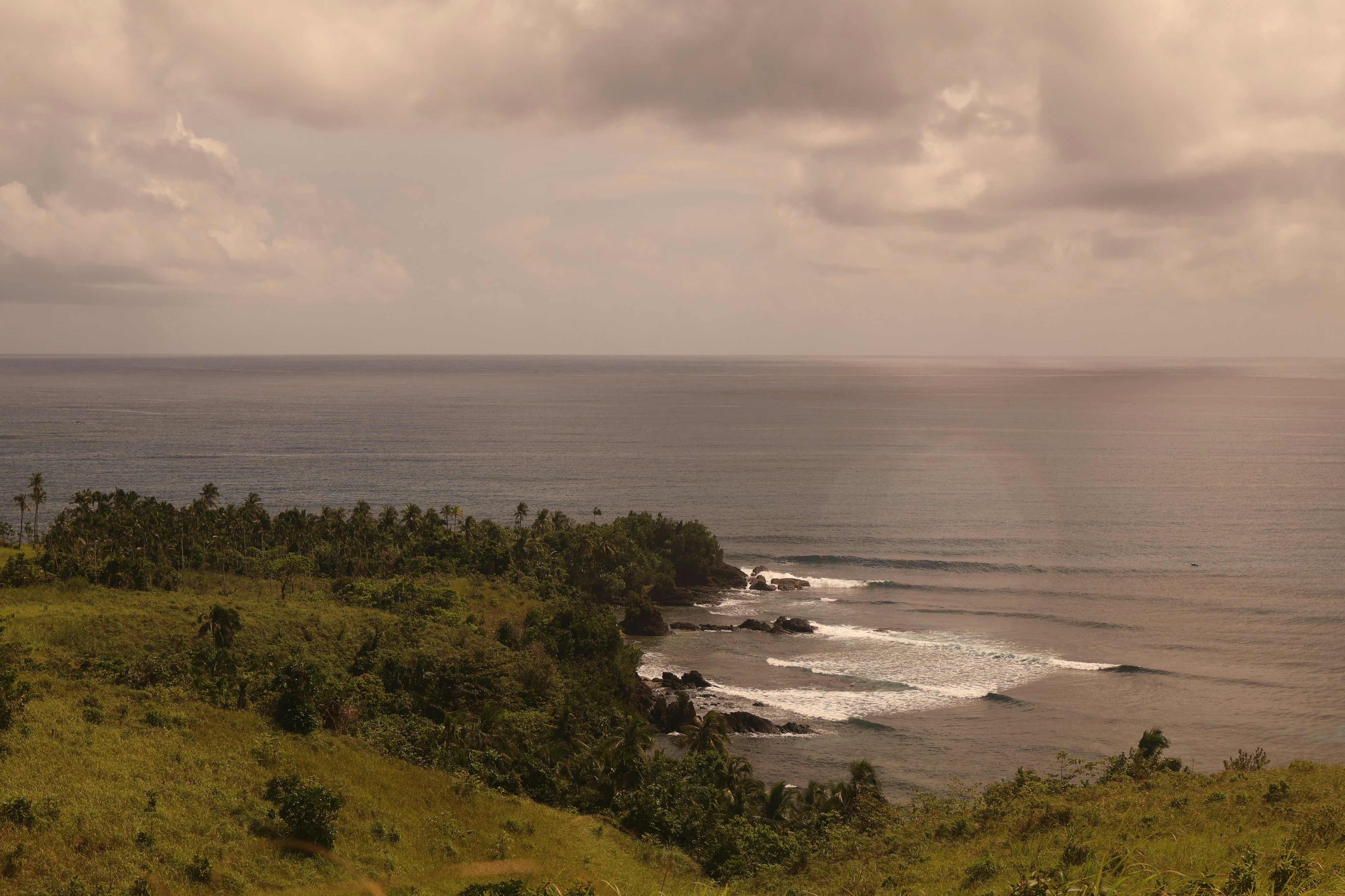 Coastal landscape with ocean waves and green hills.