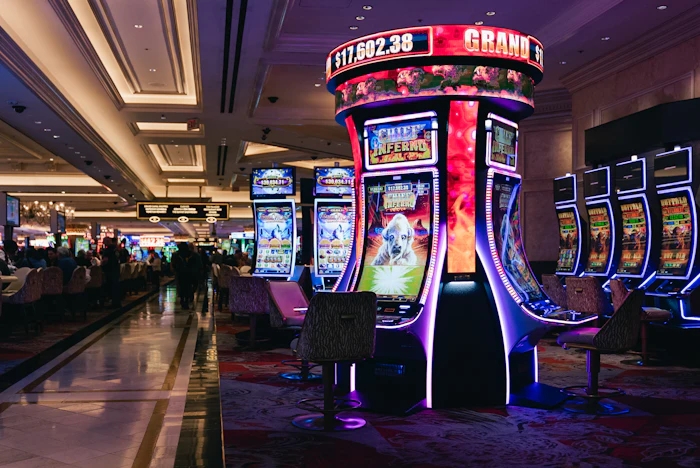 Rows of illuminated slot machines