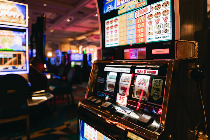 Dimly lit hall of slot machines