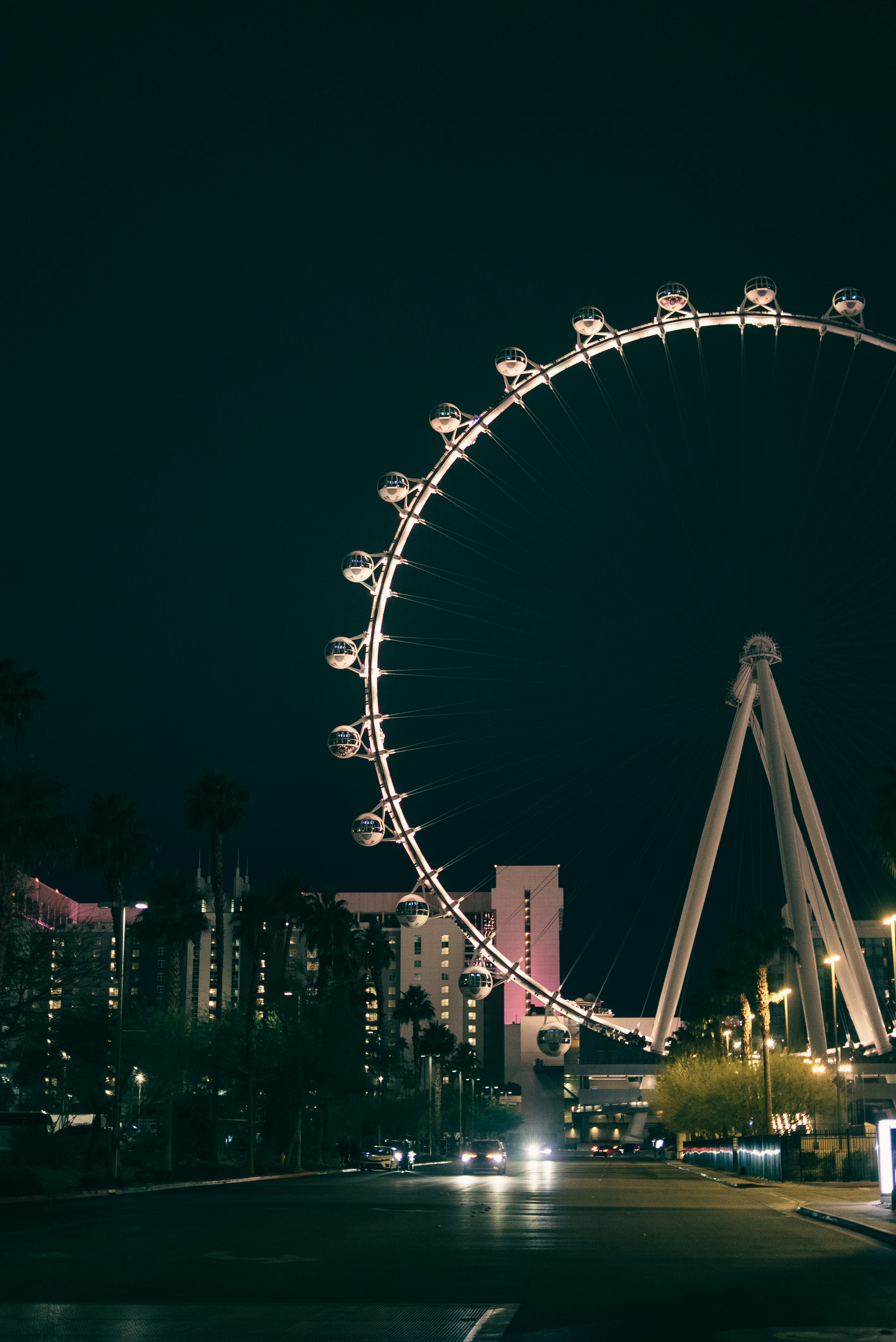 Giant ferris wheel illuminated at night with city lights