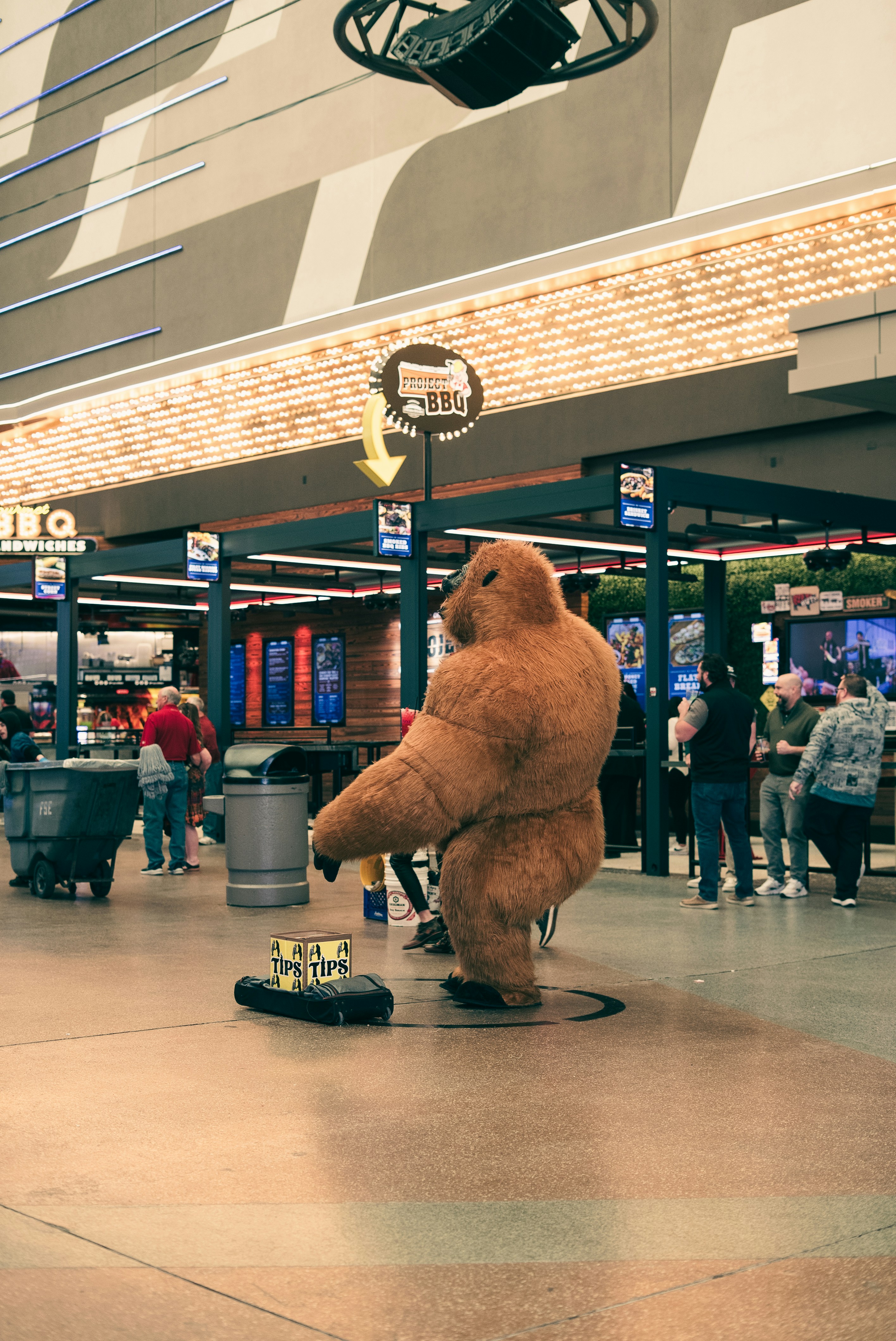 Man in a furry costume dances with a box