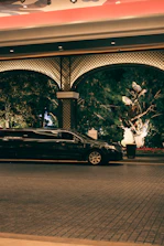 A black limousine parked outside an ornate building entrance.
