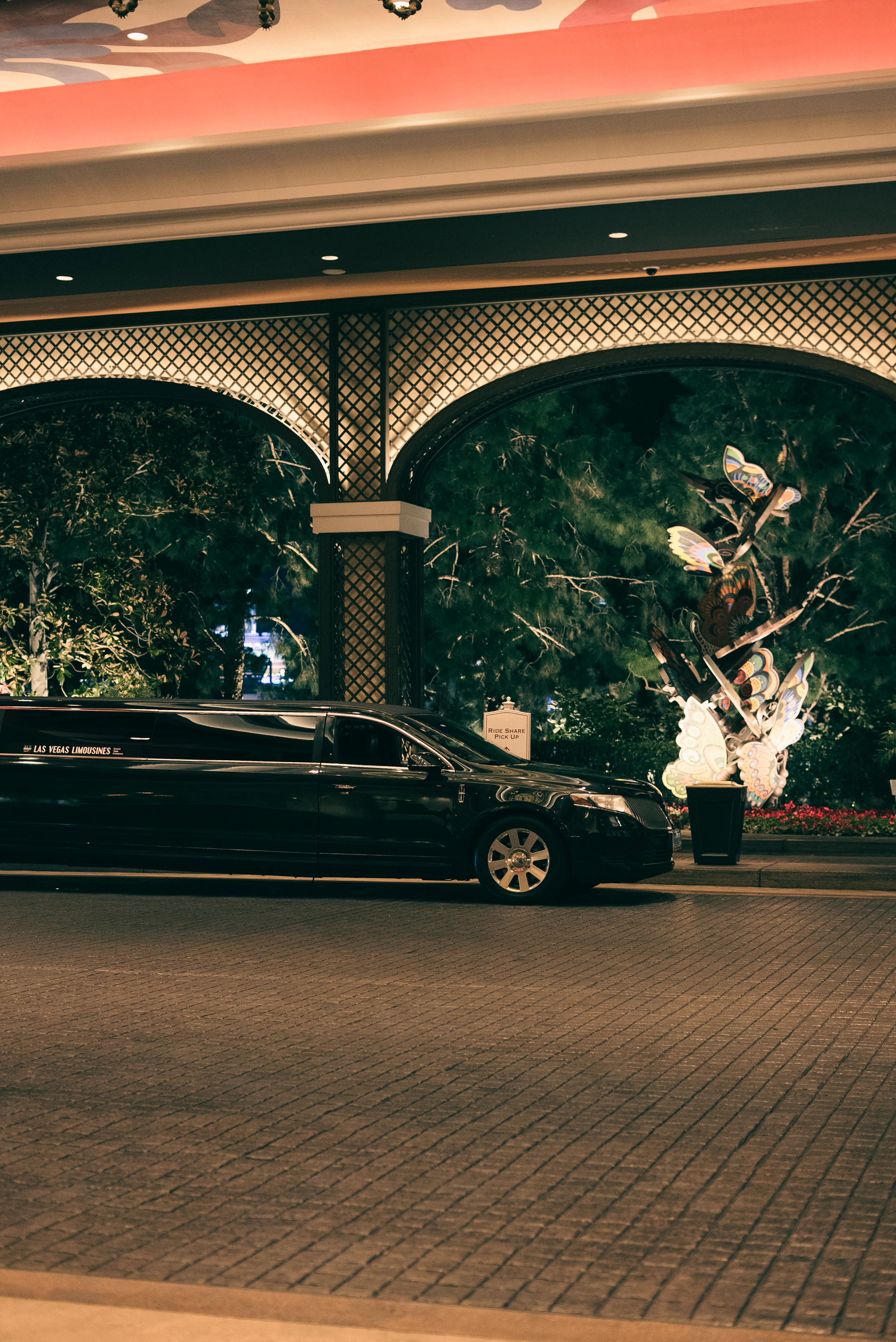 Black limousine outside an upscale entrance at night