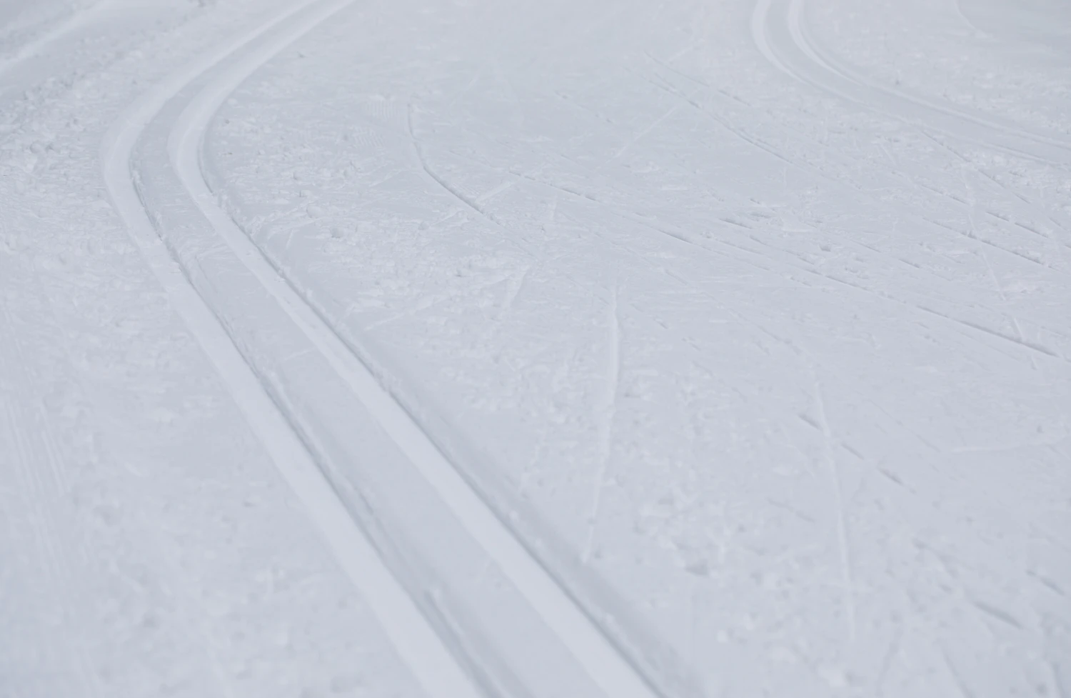 Fresh parallel ski grooves running away over open snow