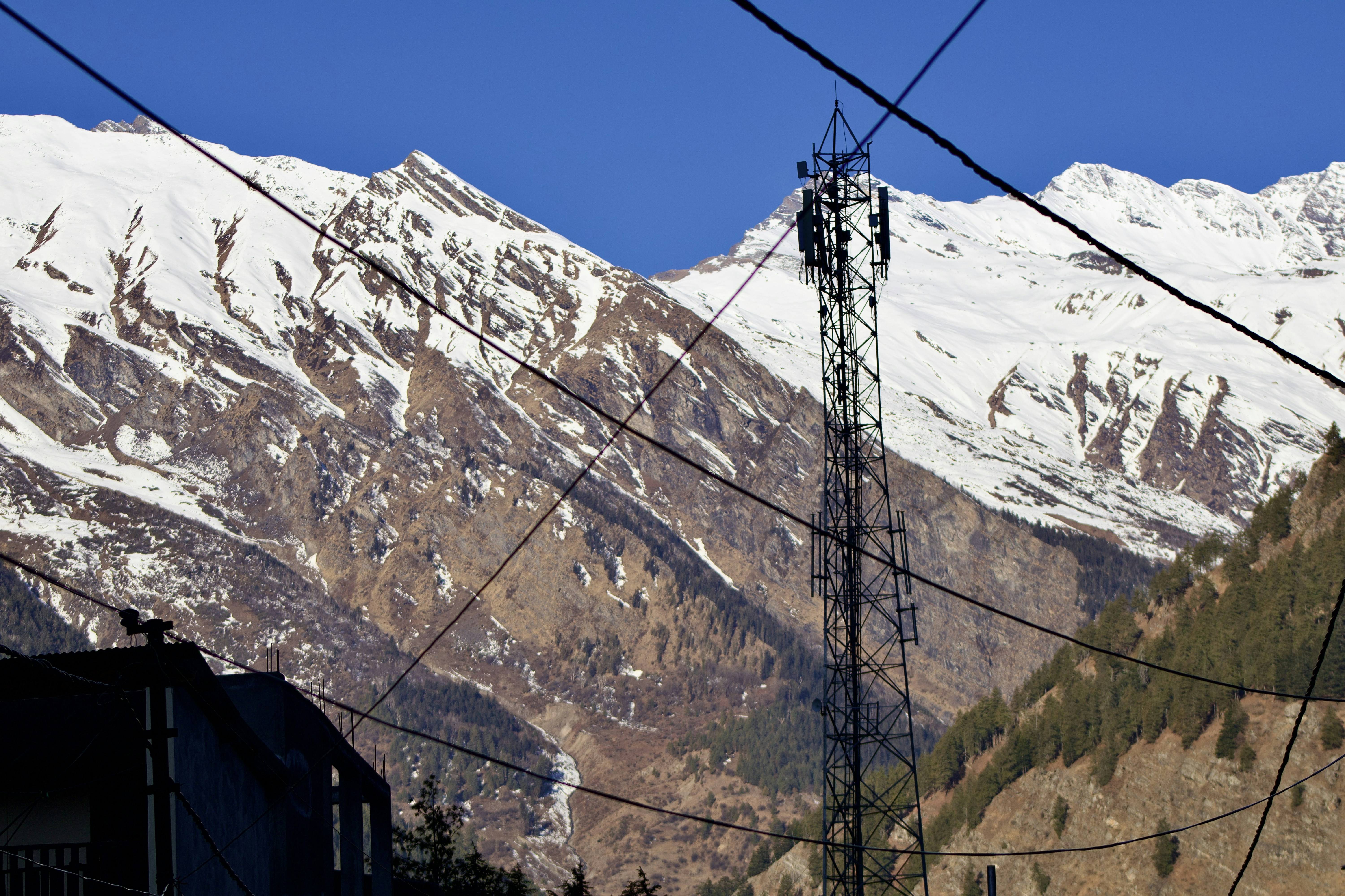 Cell tower against snow-capped mountains and blue sky.