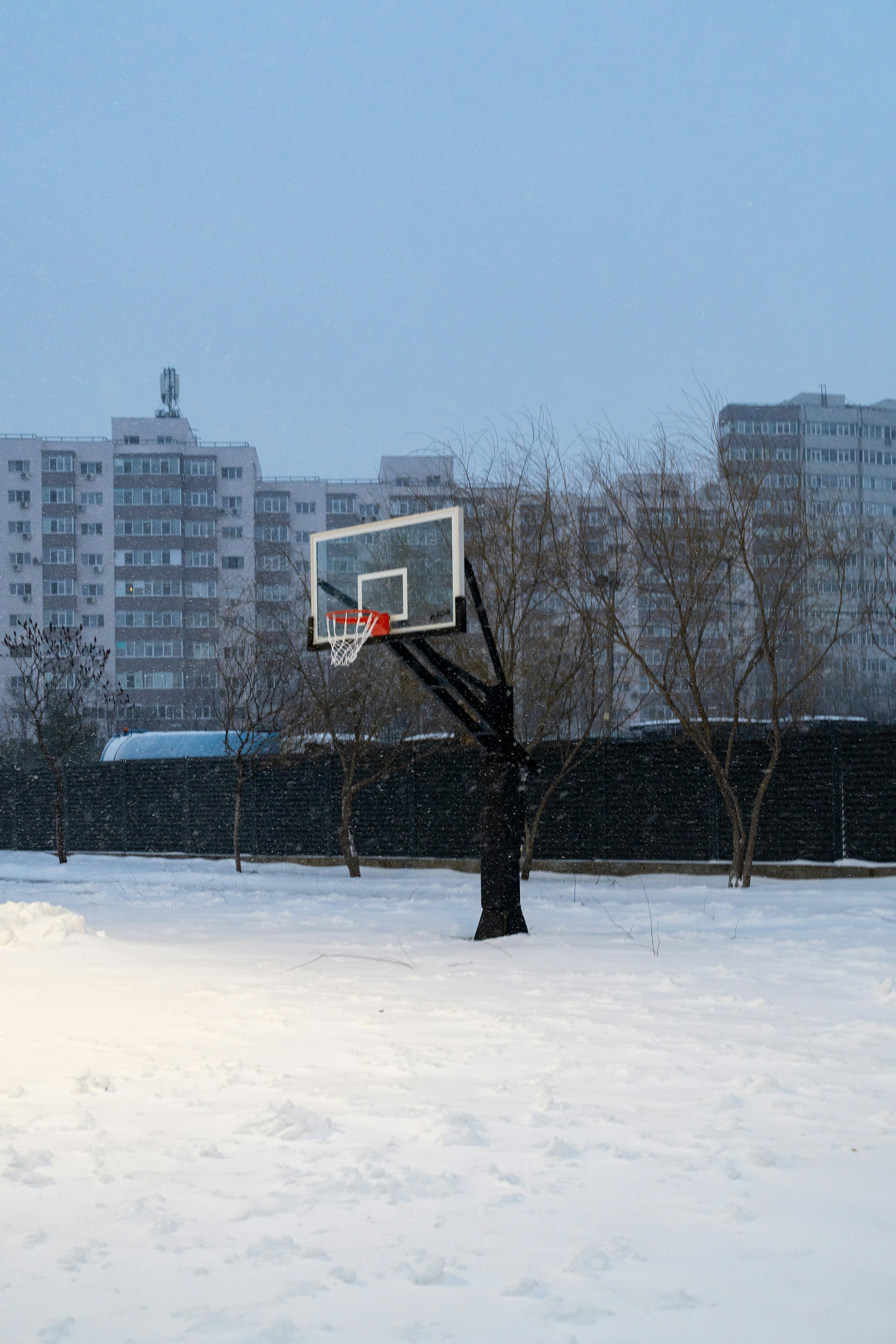 Basketball hoop in snowy urban park with apartment buildings