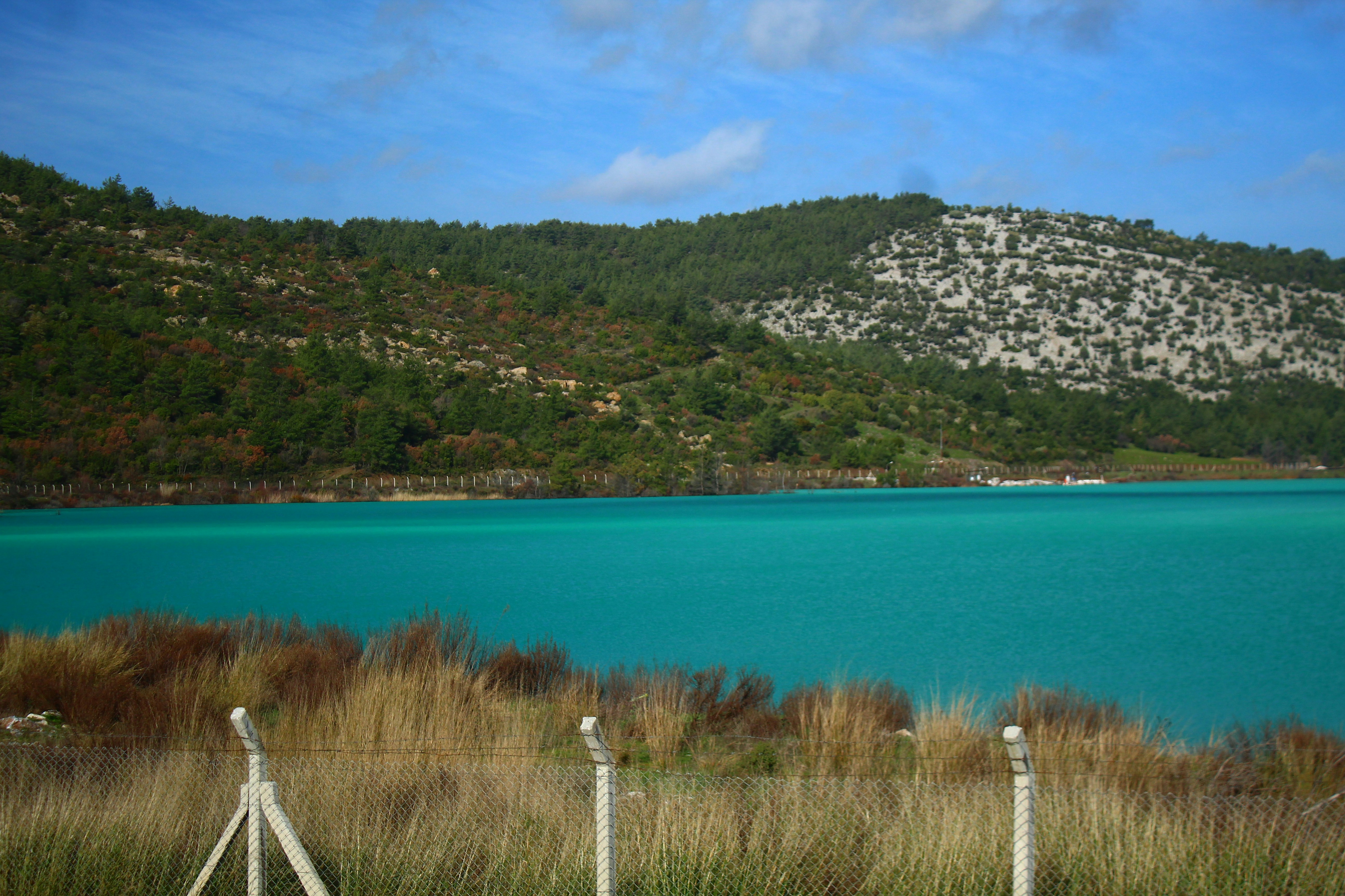 Turquoise water with a tree-covered hill and rocky outcrop.