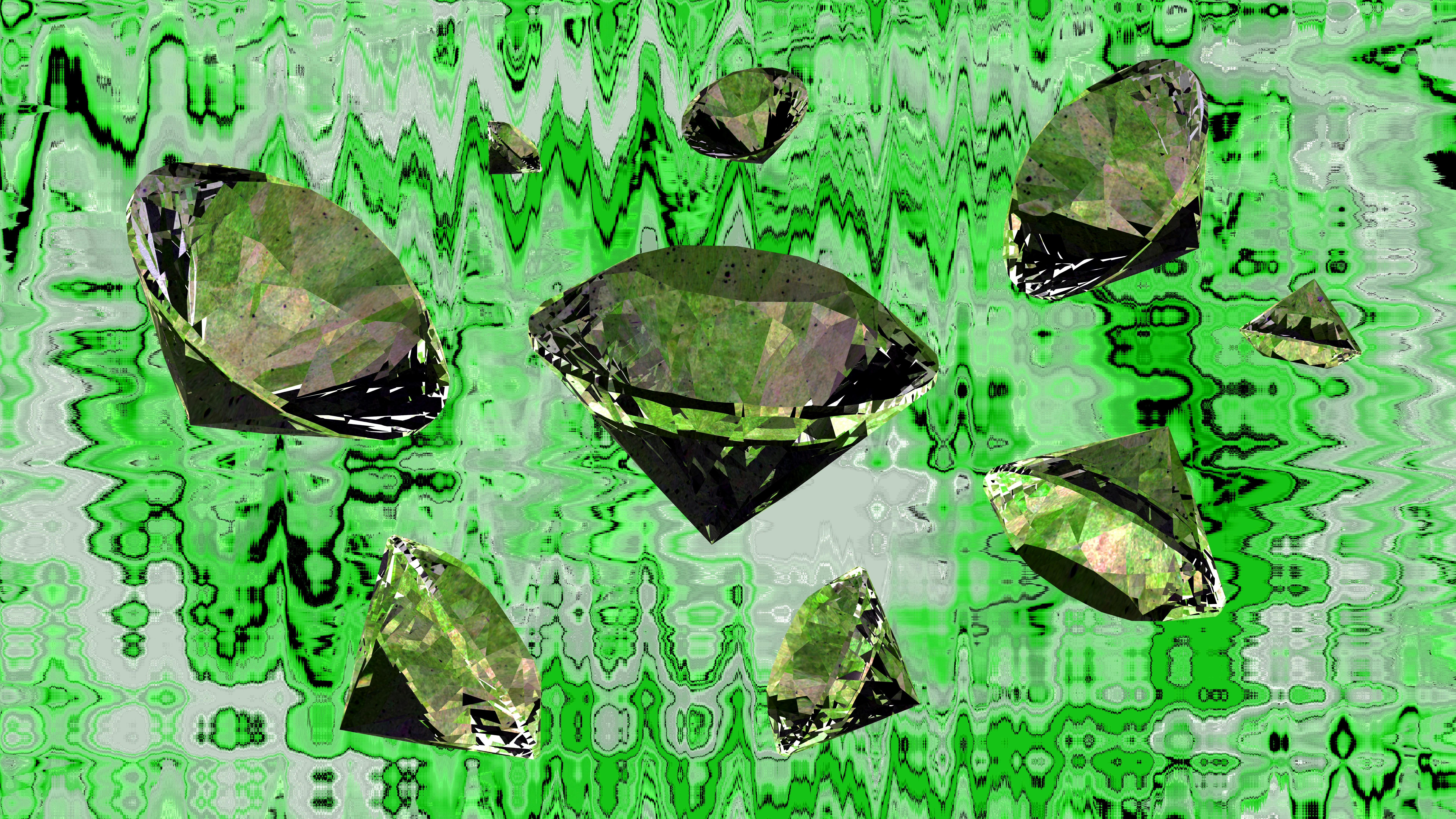 Diversi diamanti verdi fluttuano su uno sfondo ondulato verde