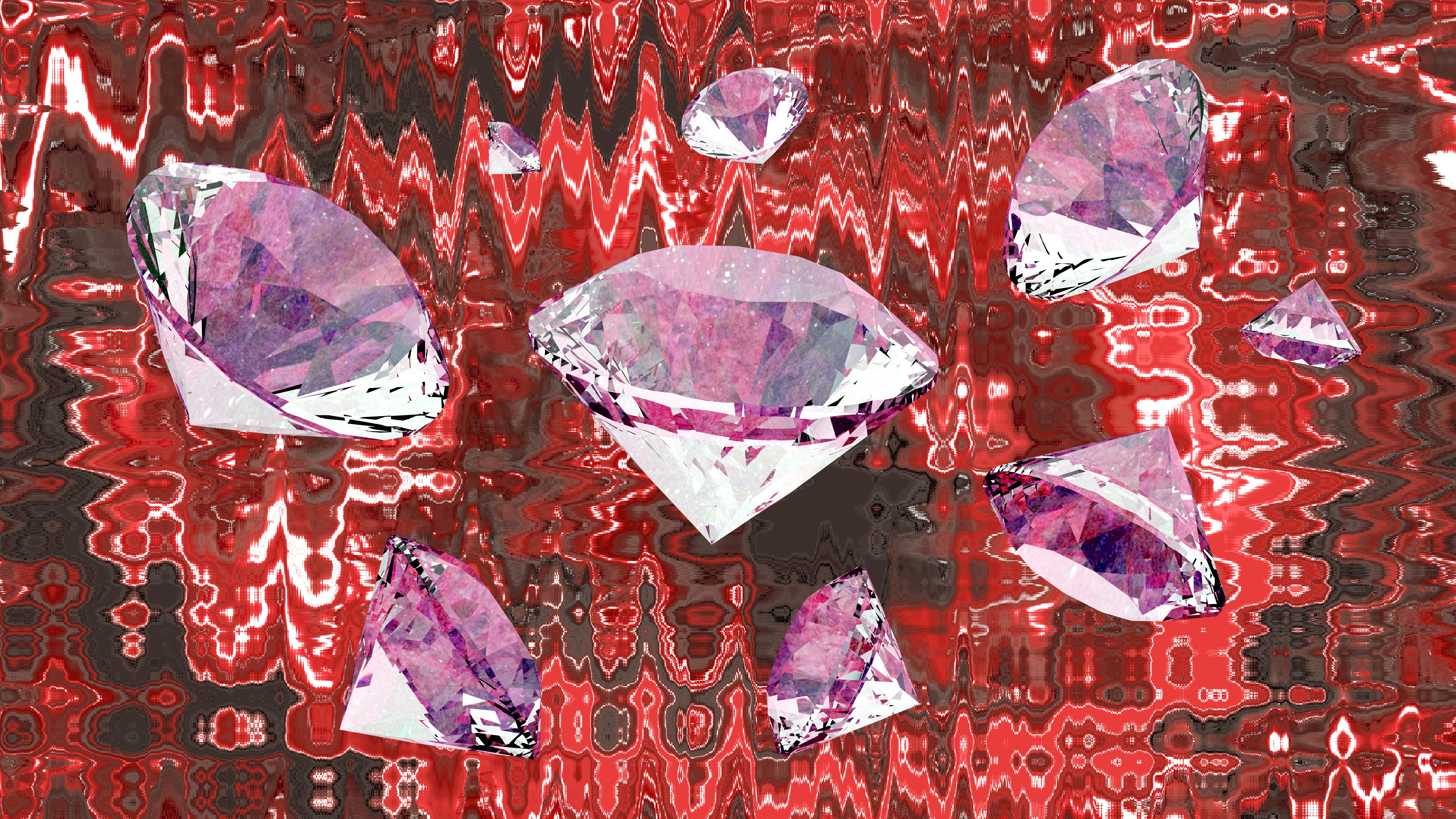 Several pink diamonds scattered on a red abstract background.