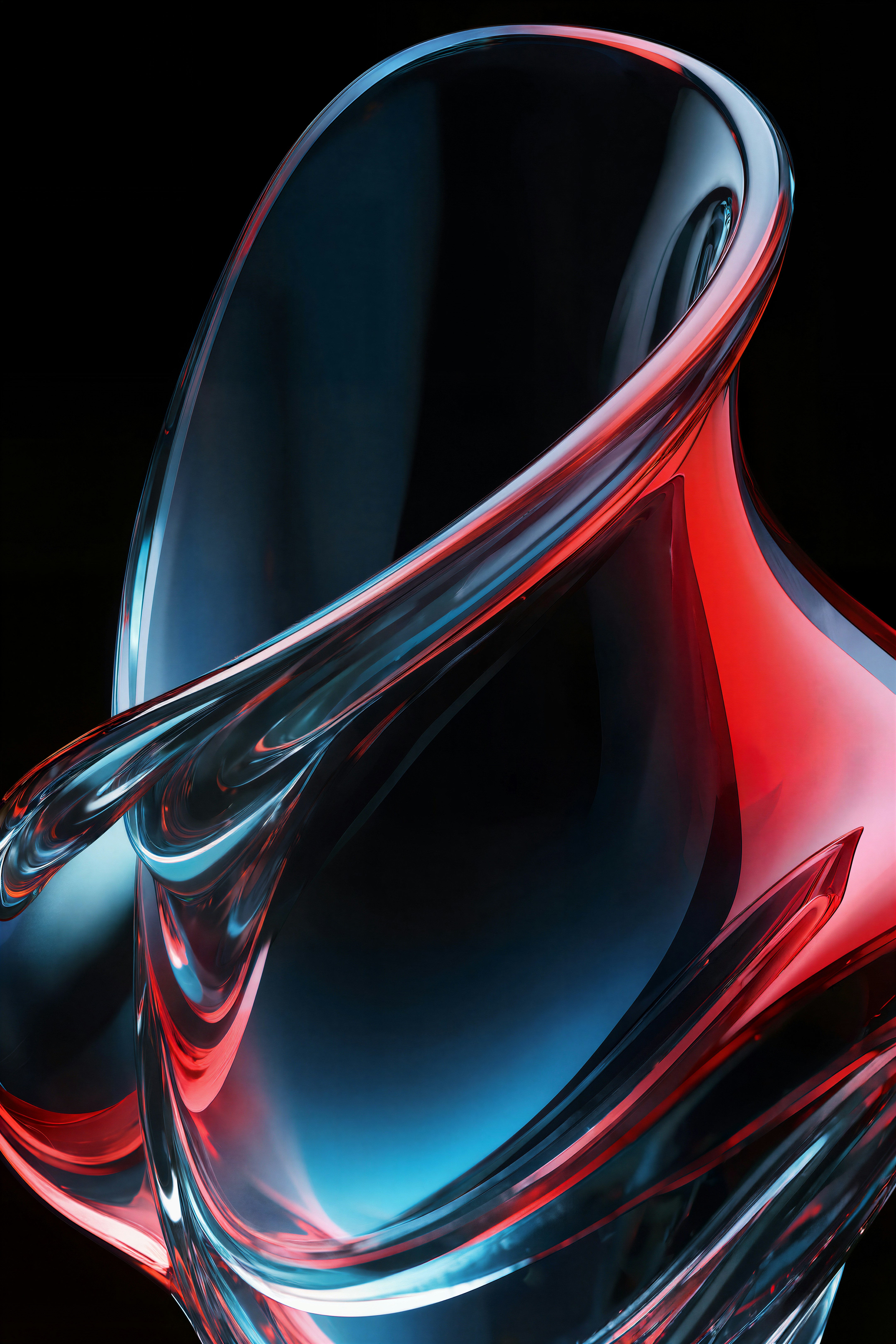 Escultura abstracta de vidrio con iluminación roja y azul