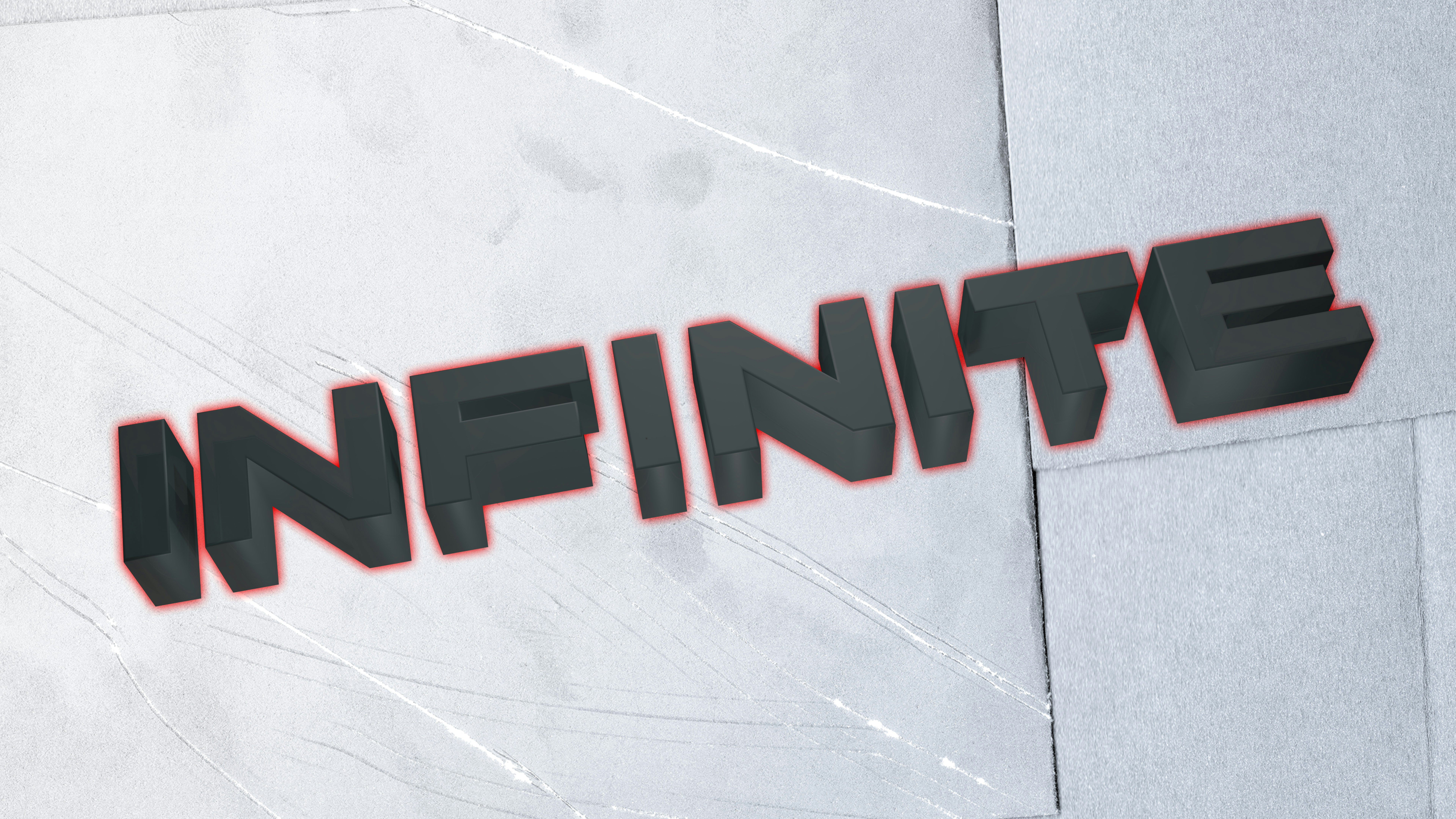 Dark 3D letters spelling infinite on a white surface