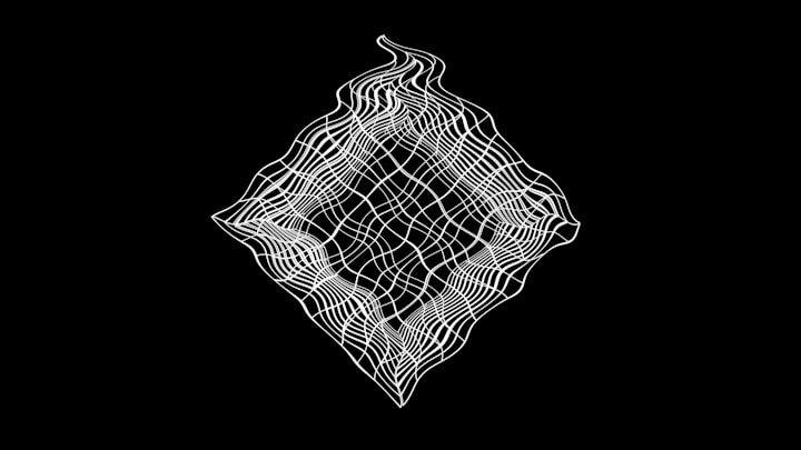 Abstract white wavy lines forming a diamond shape on black, mirroring the rhombus geometry of flash design №008
