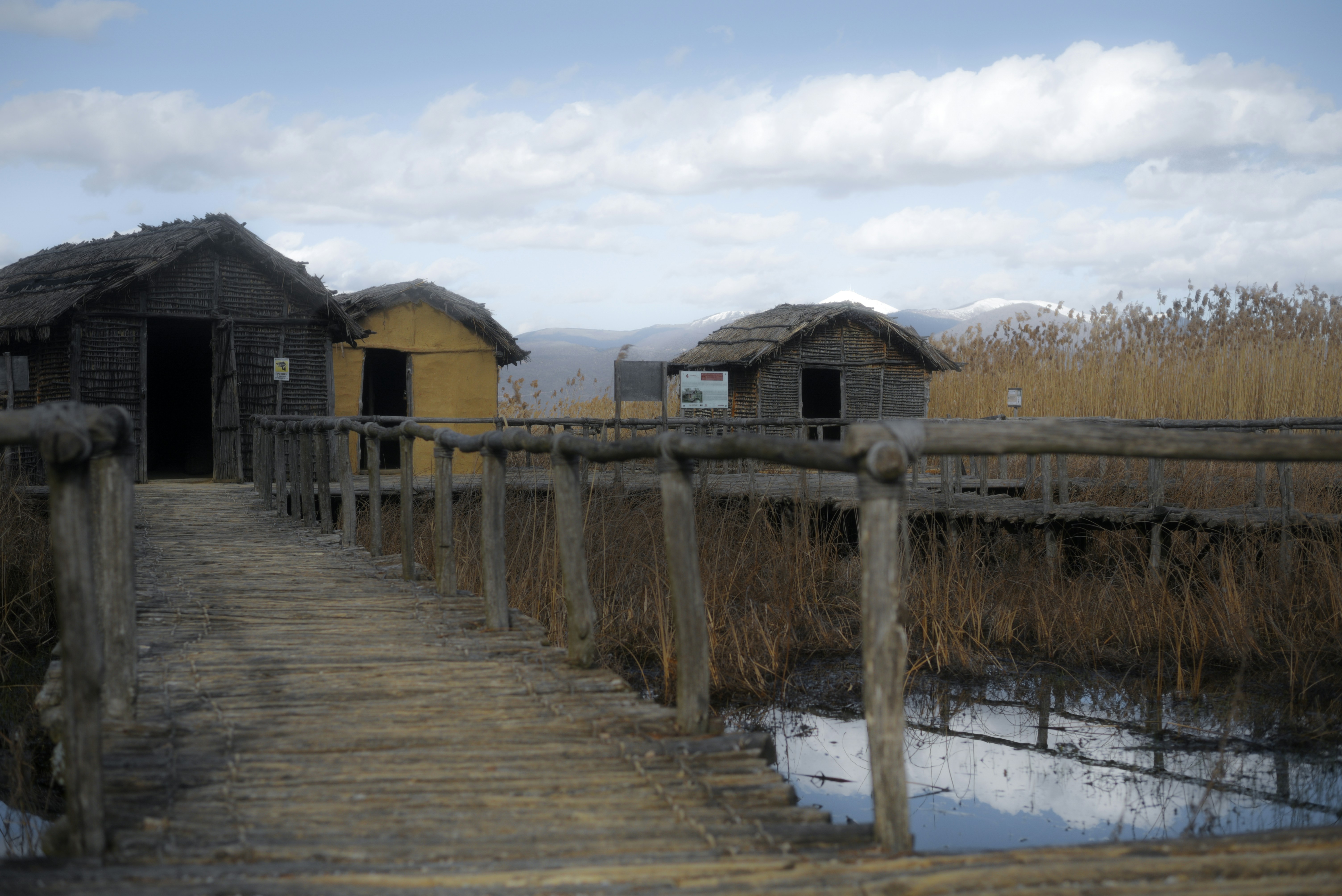 Vialetto in legno verso capanne di paglia lungo le paludi