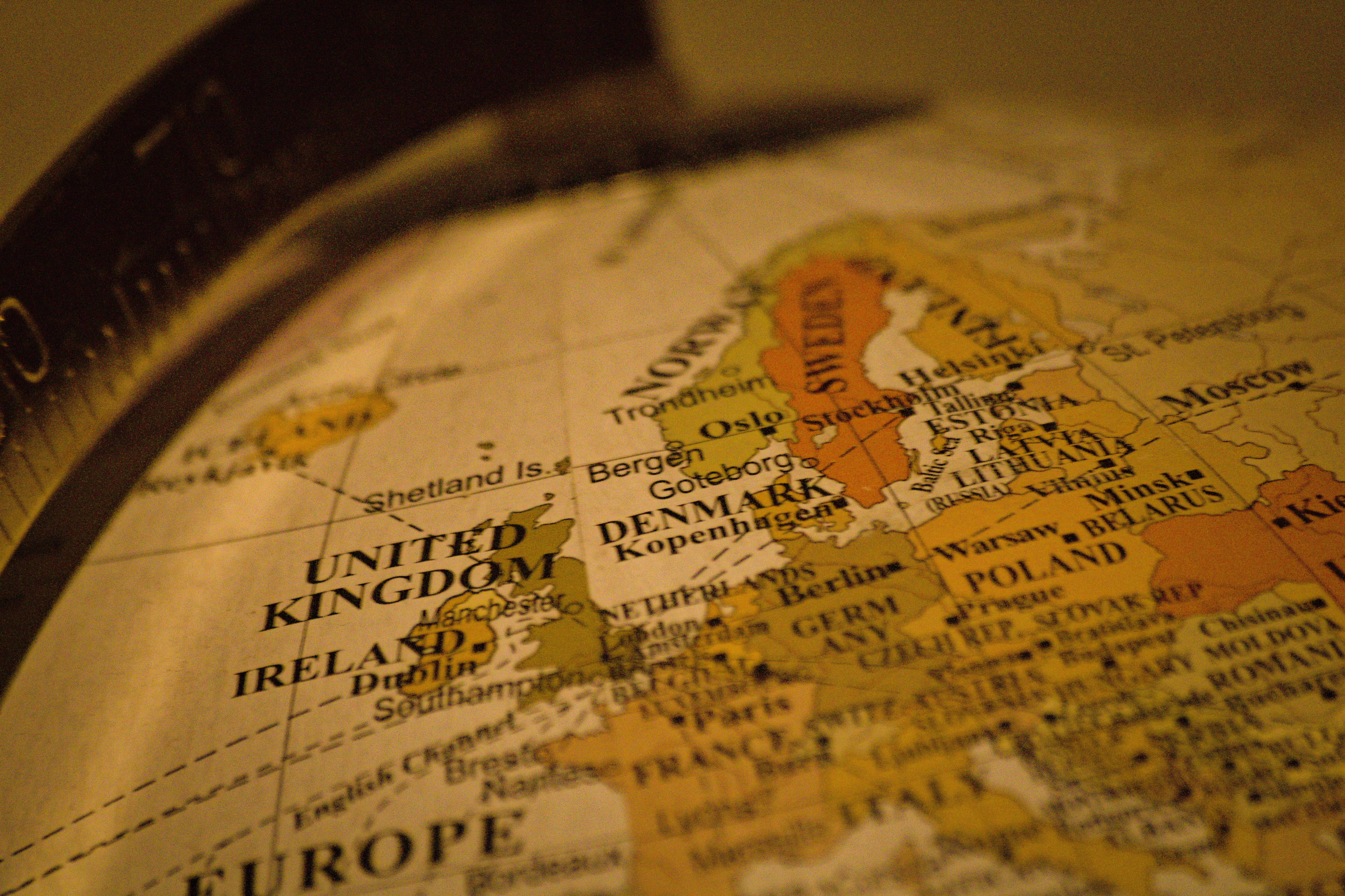 Close-up of a vintage globe showing europe.