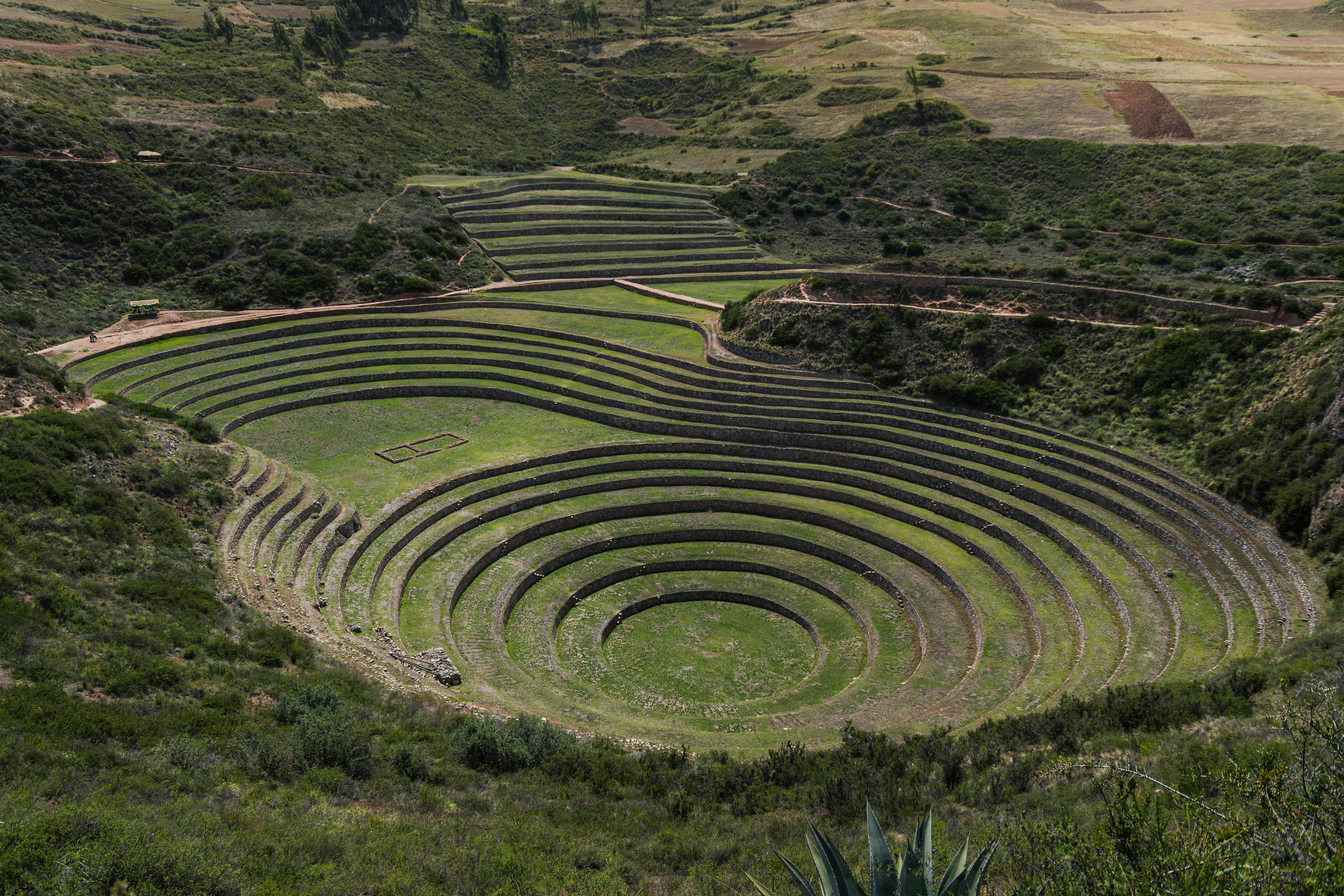 Antike Inka-Agrarterrassen, die in einen Hügel gehauen wurden