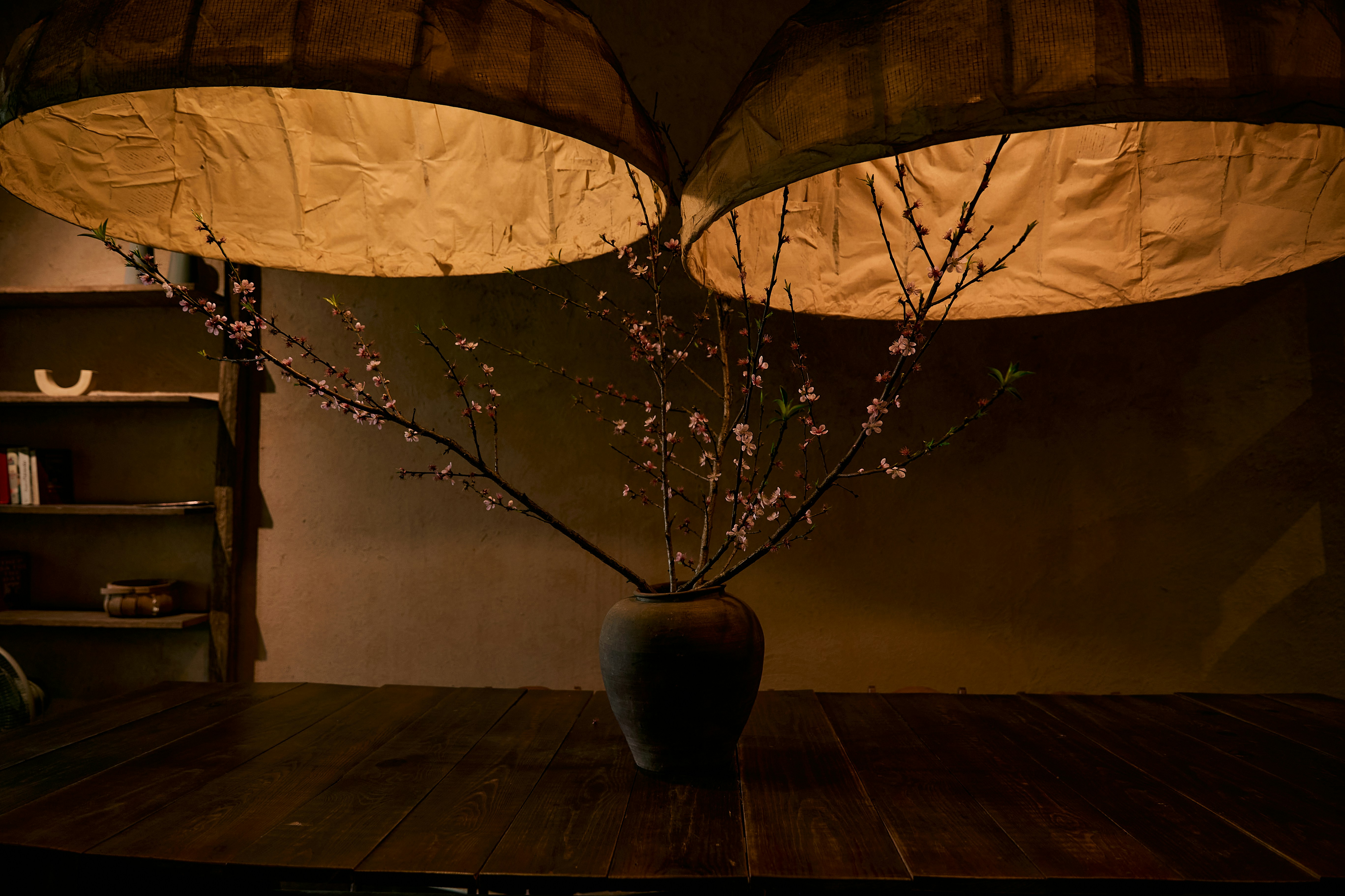 Vase with blooming branches under lamps