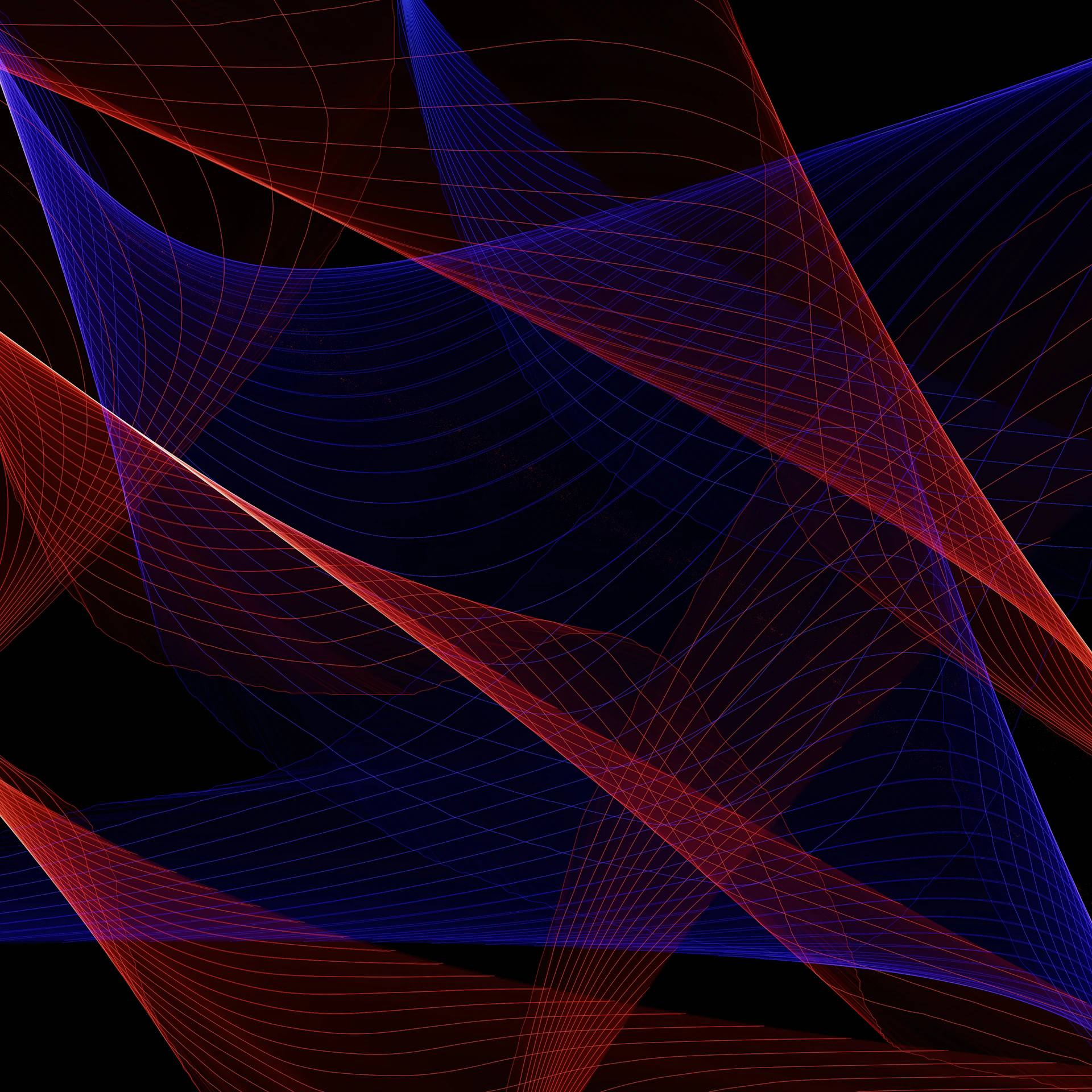 Abstract red and blue flowing lines on black background