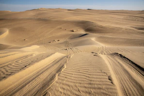 Rolling sand dunes under a clear blue sky
