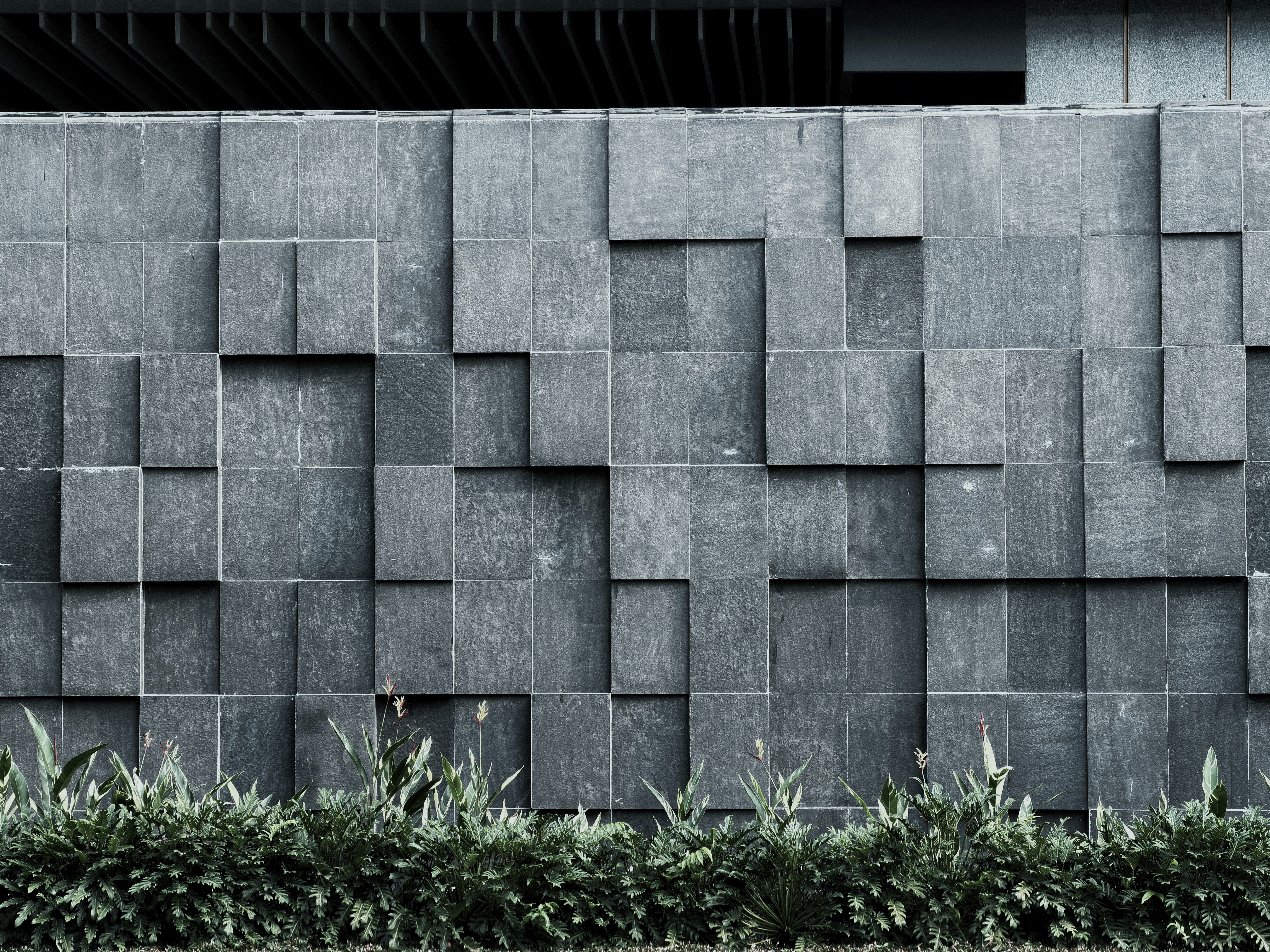 Textured gray stone wall with green plants below