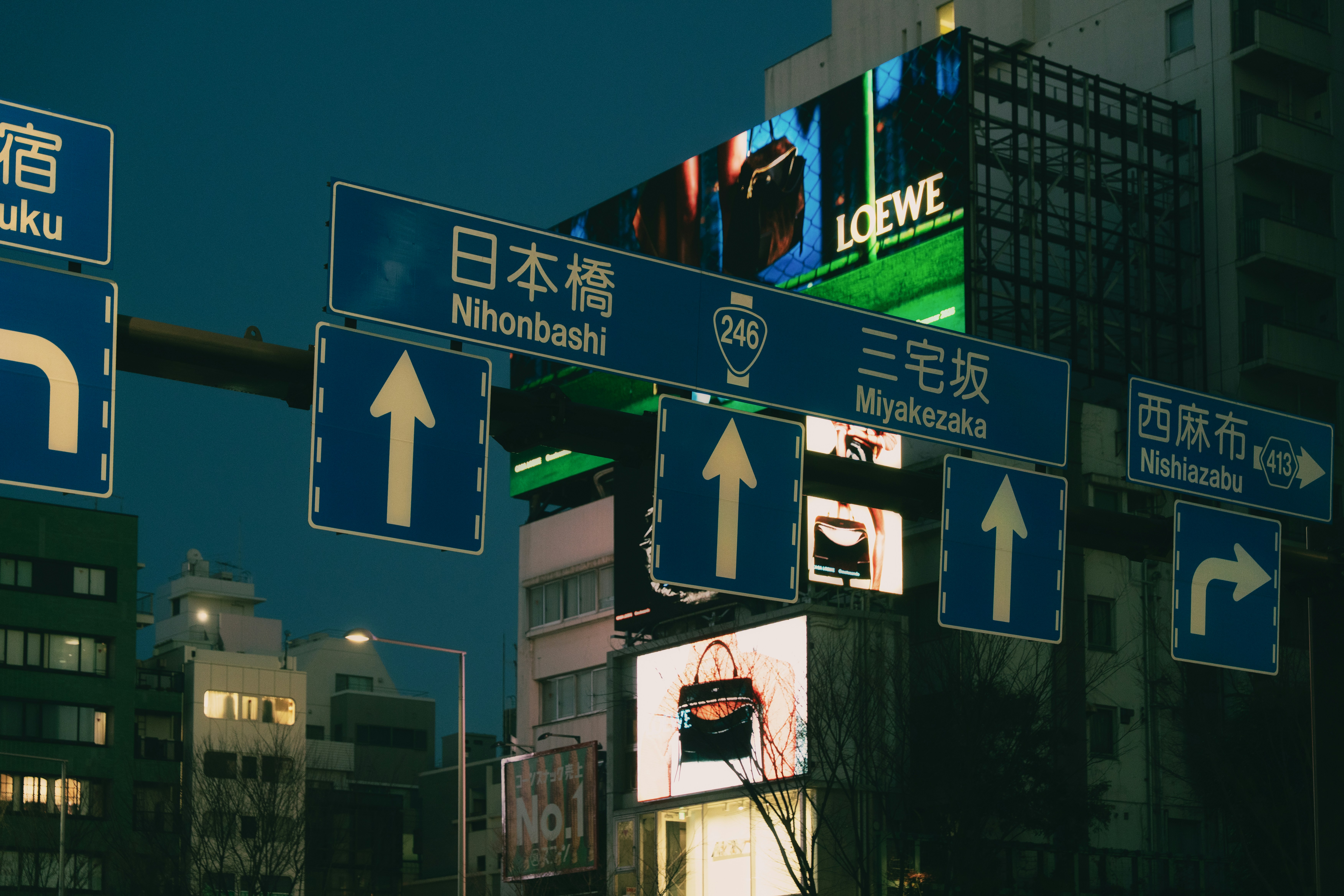 Street signs and illuminated billboards in a city at dusk