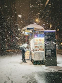 Person with umbrella at hot dog stand in snow.