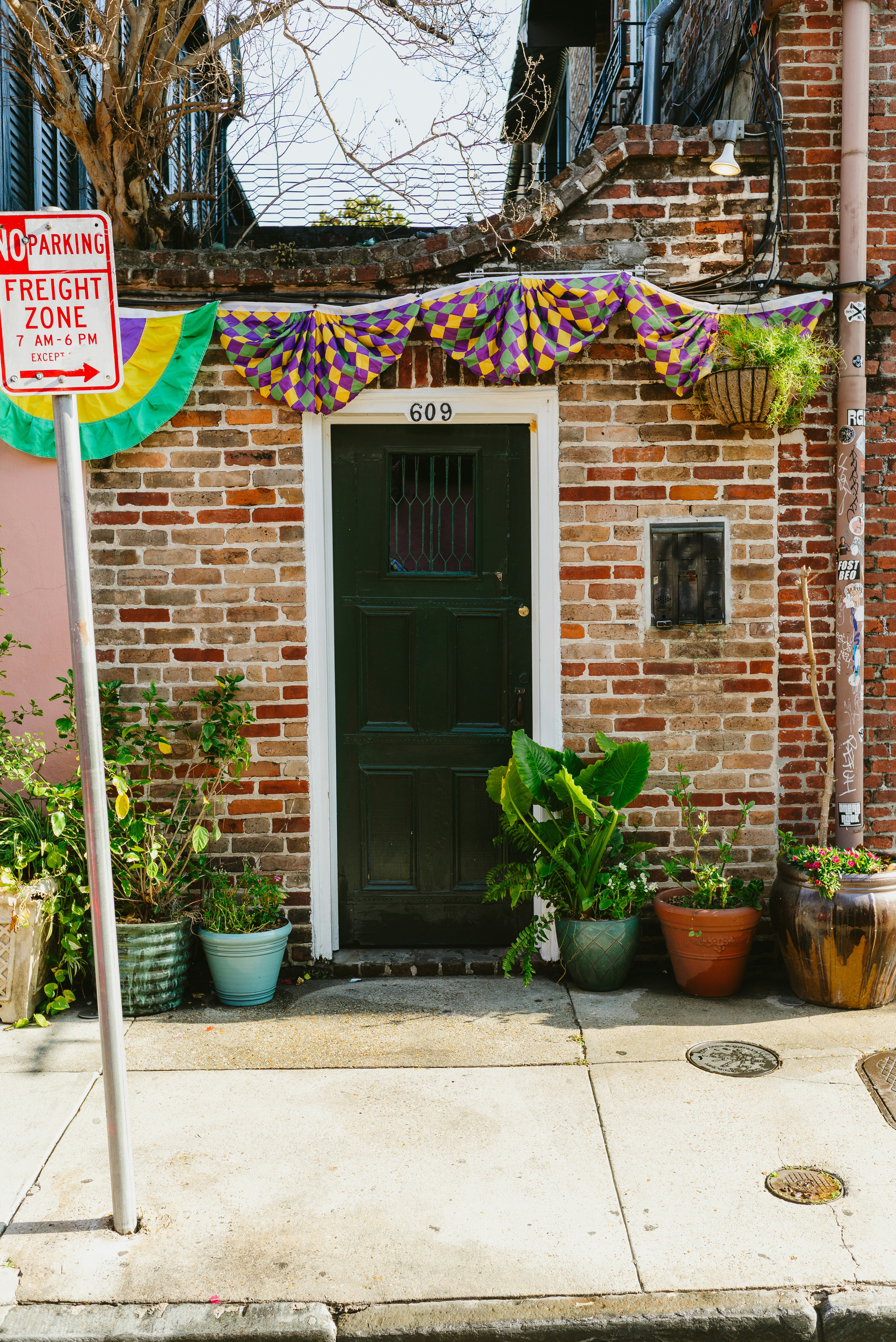 Ingresso in mattoni decorato con perline e piante di mardi gras.