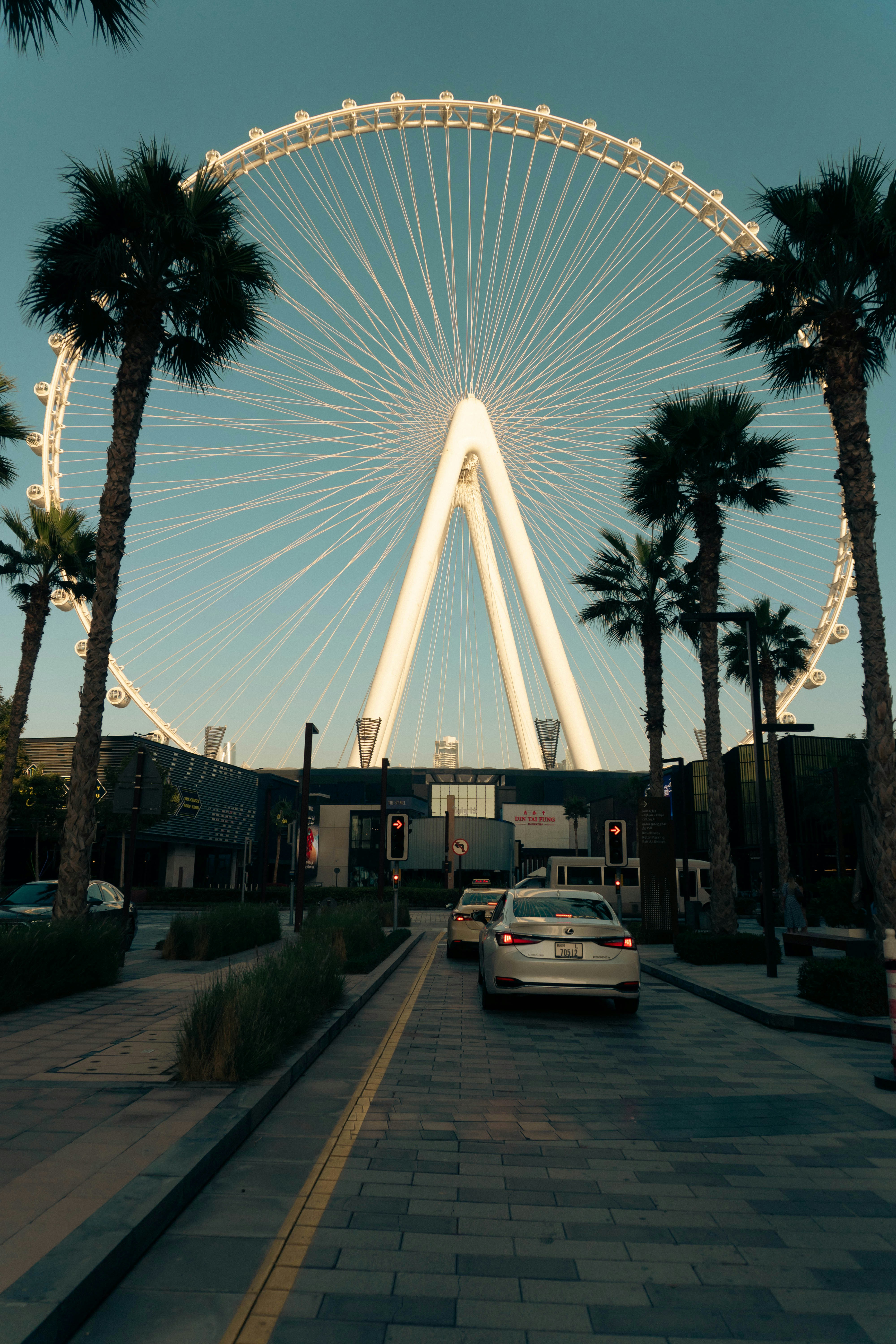Riesiges Riesenrad, eingerahmt von Palmen bei Einbruch der Dämmerung