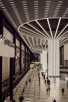 Modern interior with illuminated tree-like columns and people