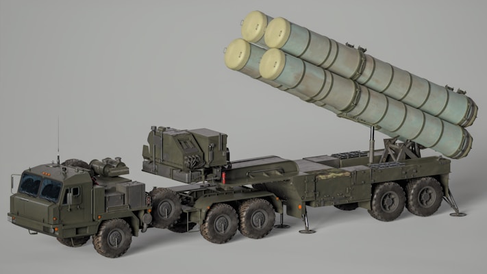 Military missile launcher truck with multiple rockets.