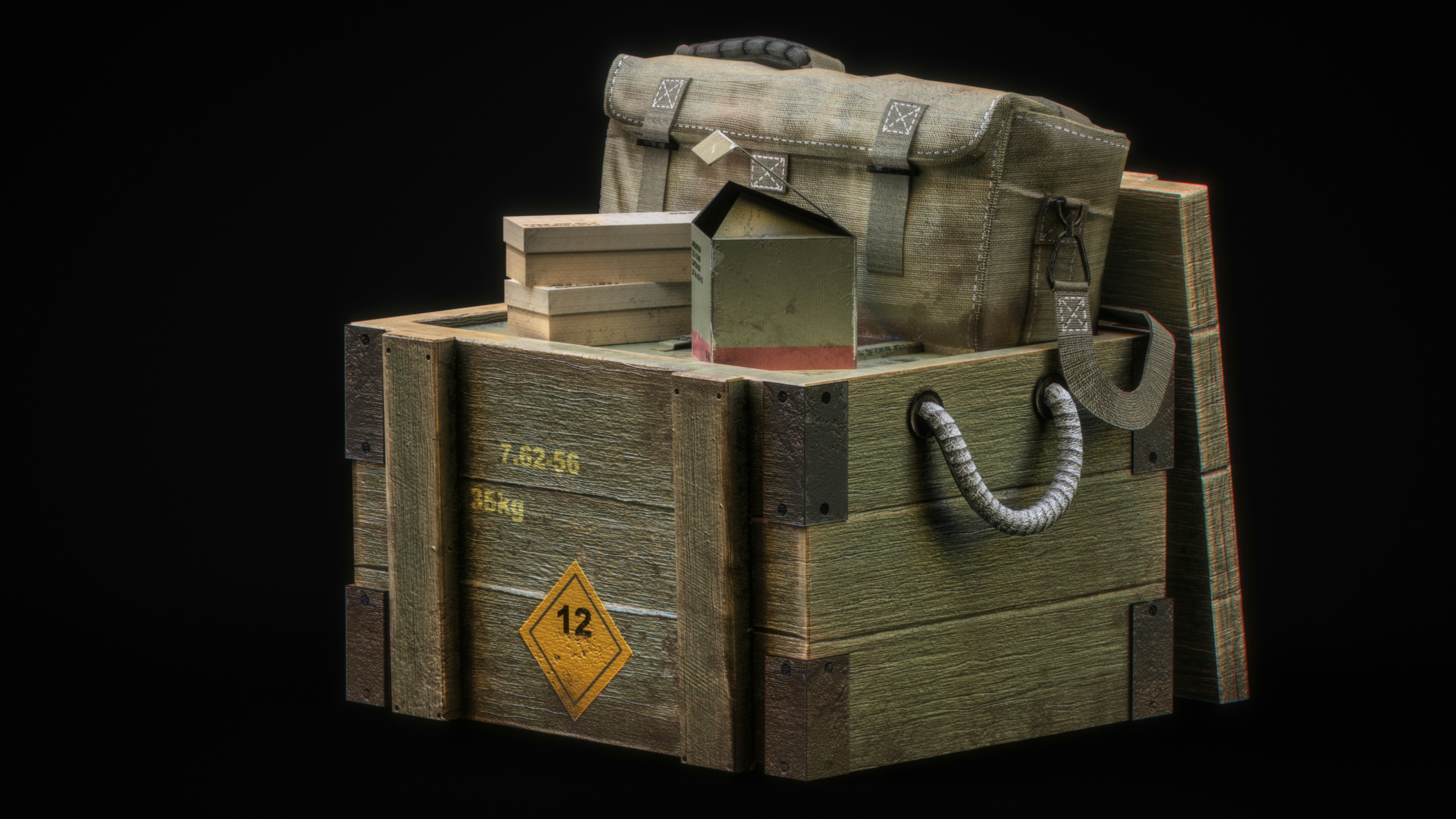Wooden crates and bags stacked against dark background