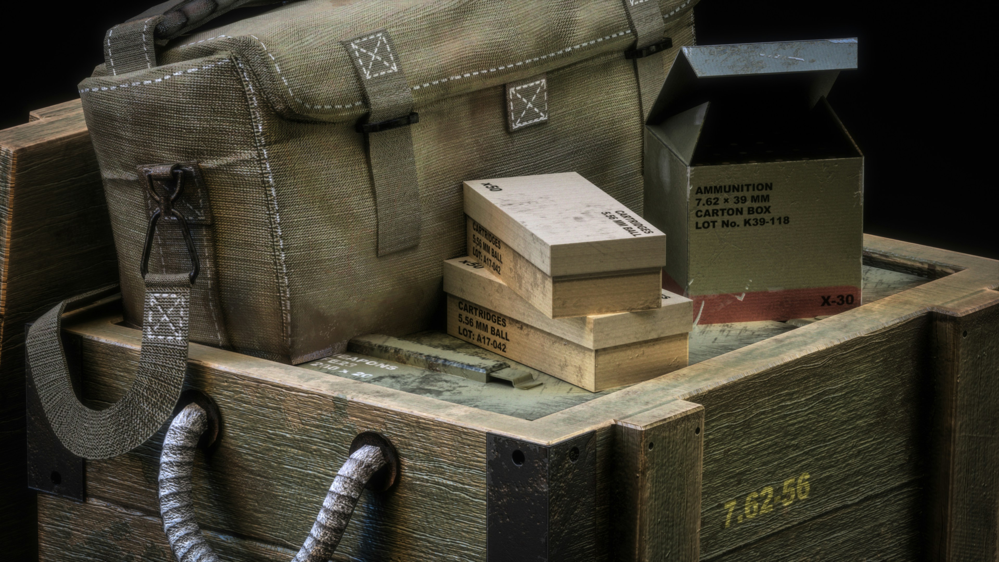 Military canvas bag and boxes on wooden crates