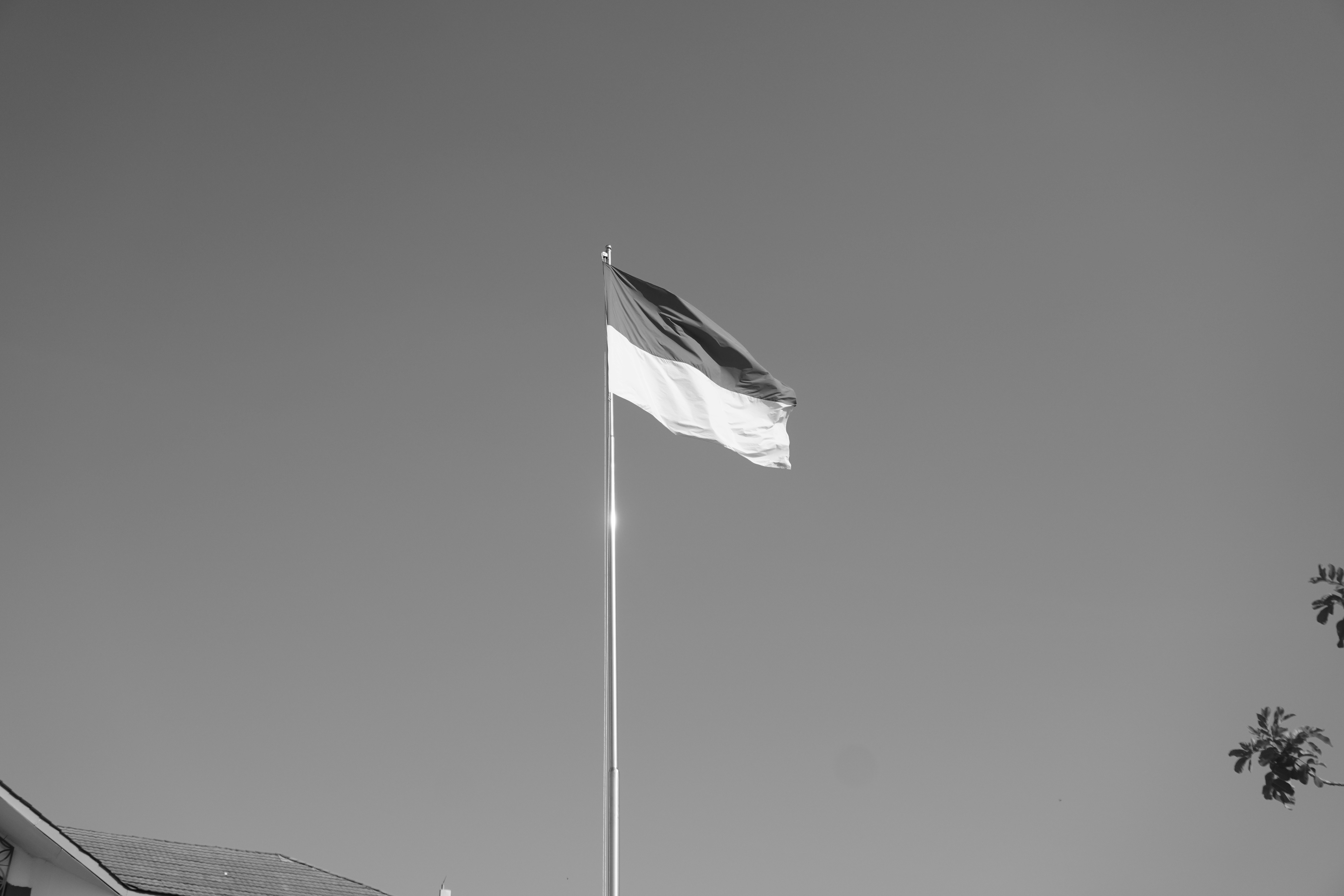 A flag waves on a flagpole against a clear sky.