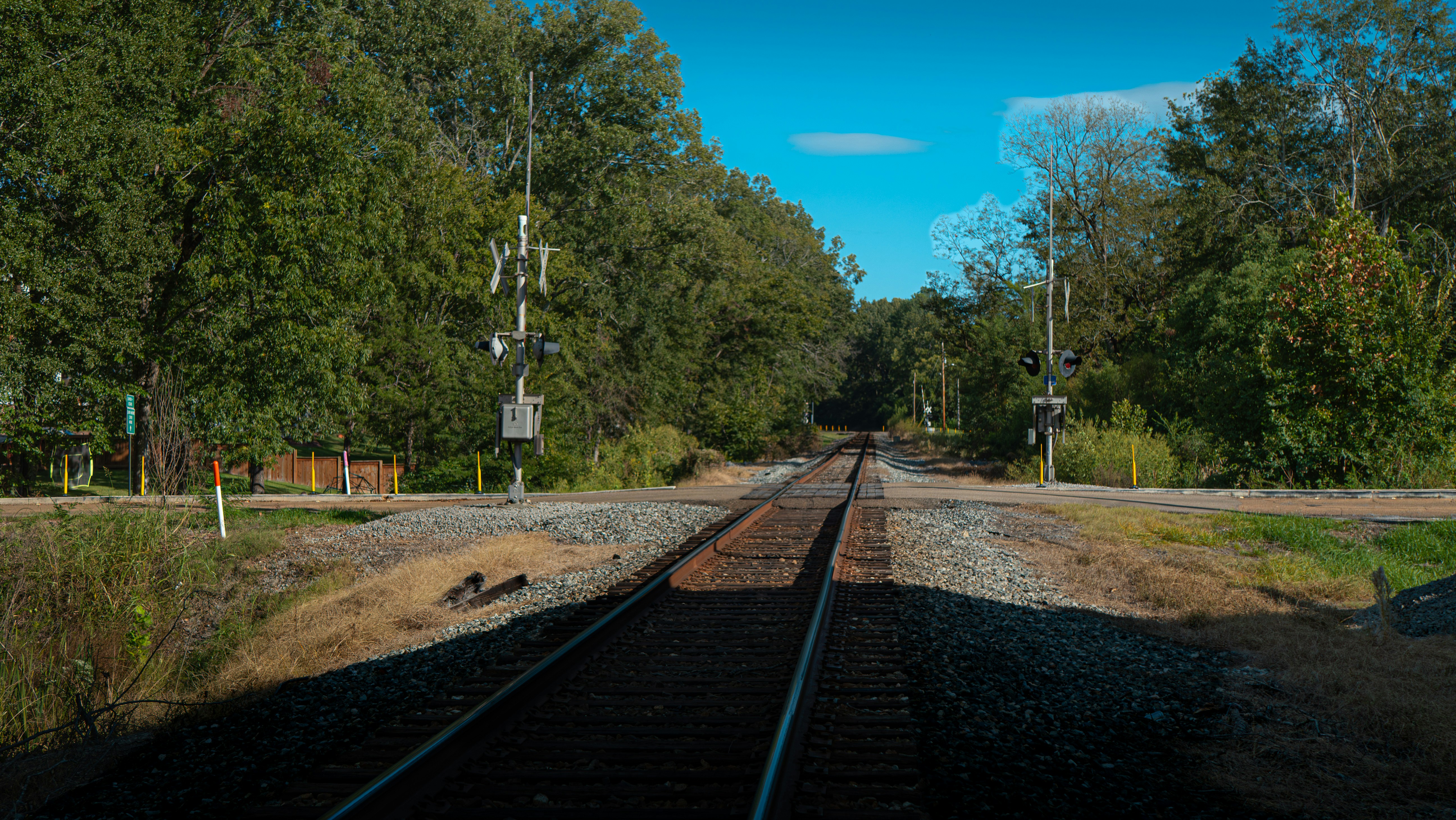 Train tracks crossing through a wooded area
