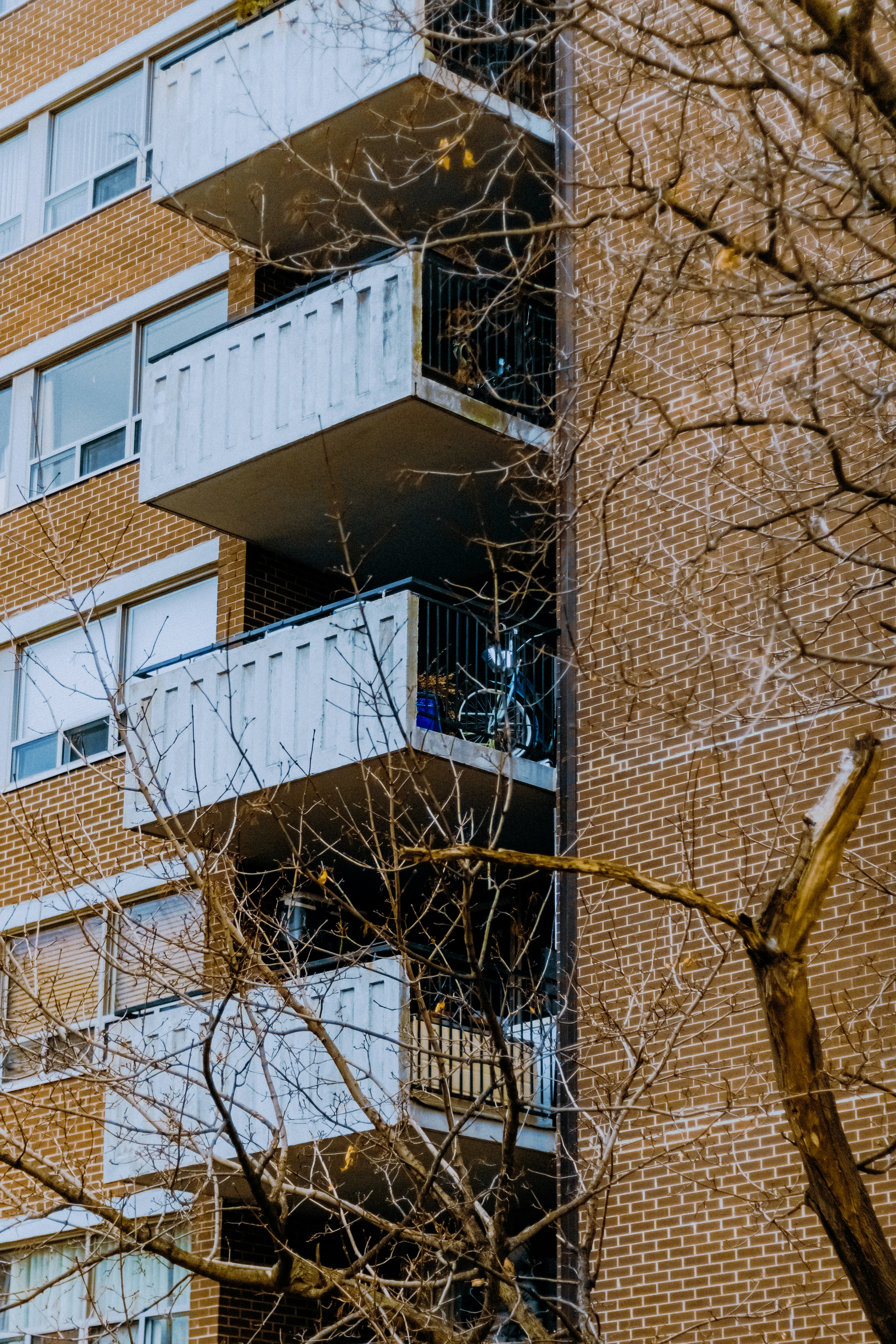 Balconies on a brick apartment building with bare trees.