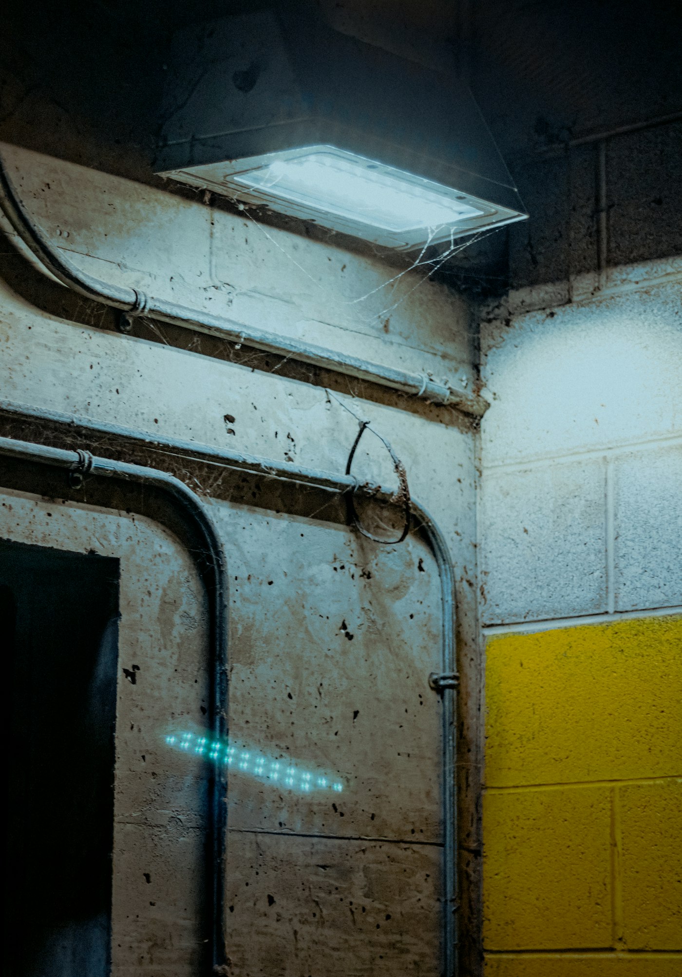 Industriële ruimte met leidingen en technische verlichting