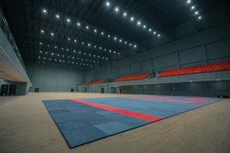Empty indoor sports arena with blue and red matting