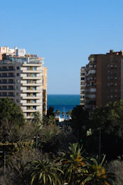Apartment buildings overlook a tropical park and ocean.
