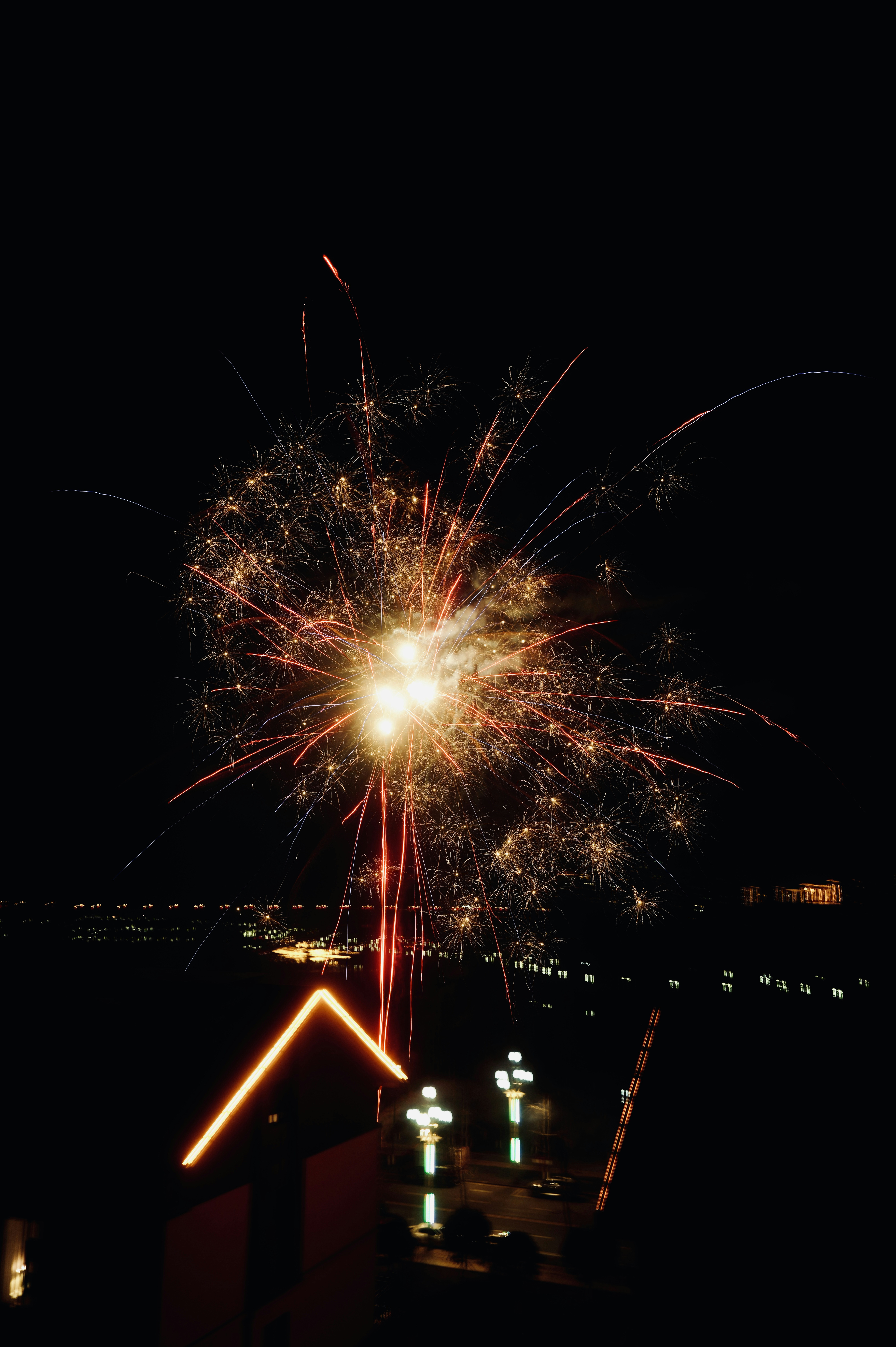 Bright fireworks explode over a dark city skyline at night.